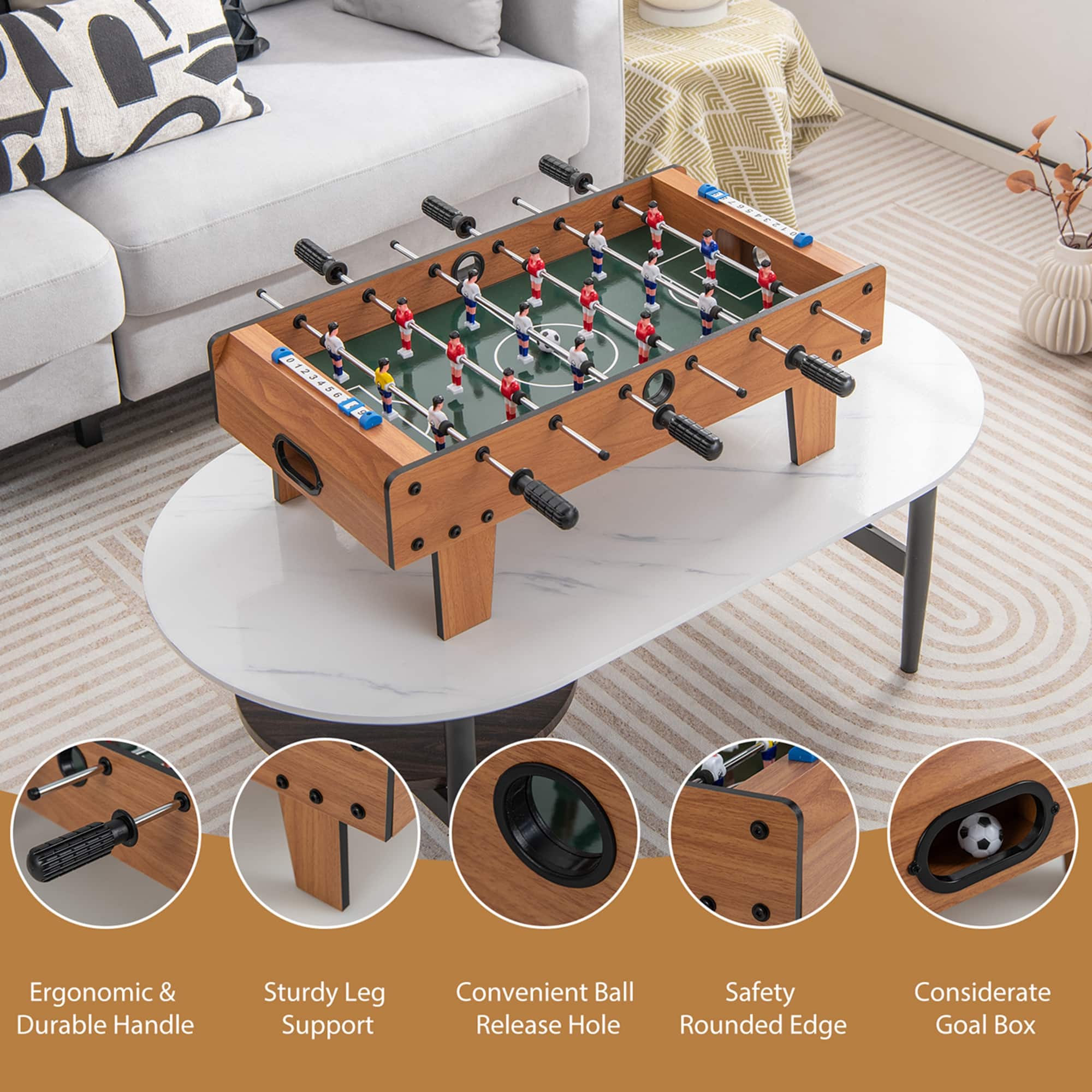 The text on the image describes the features of a foosball table, which includes ergonomic and durable handles, sturdy leg support, convenient ball release hole, safety rounded edge, and a considerate goal box.
