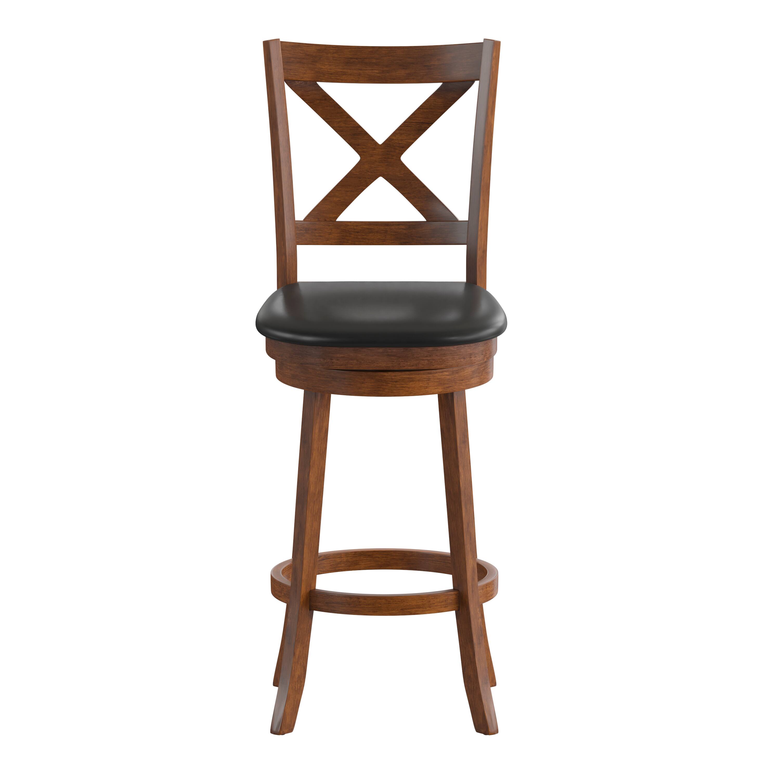 Angle. Flash Furniture - Felicity Commercial Grade Wood Classic Crossback Swivel Bar Height Barstool with Padded Black LeatherSoft Seat, Antique - Brown.