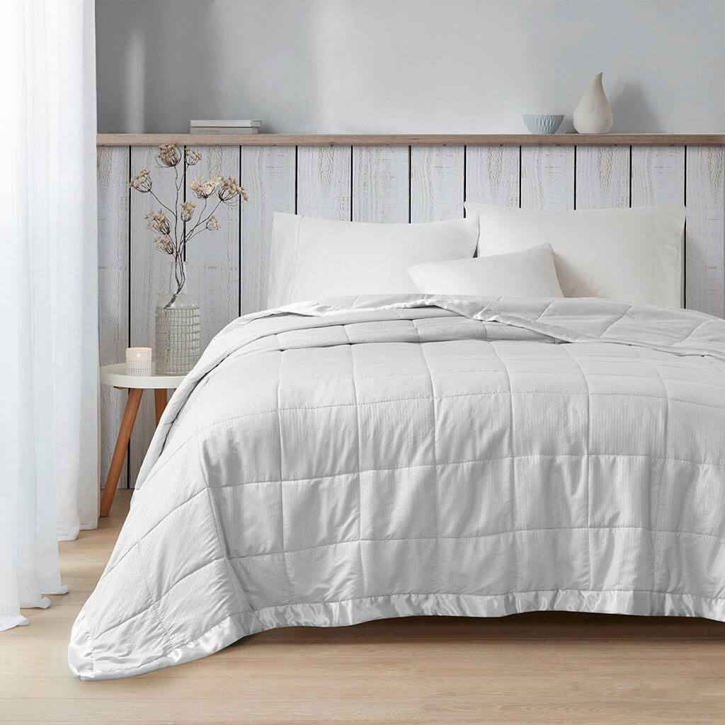 Alt View 2. Gracie Mills - Gracie Mills Lucile Textured Oversized Down Alternative Blanket with Satin Trim - Grey.