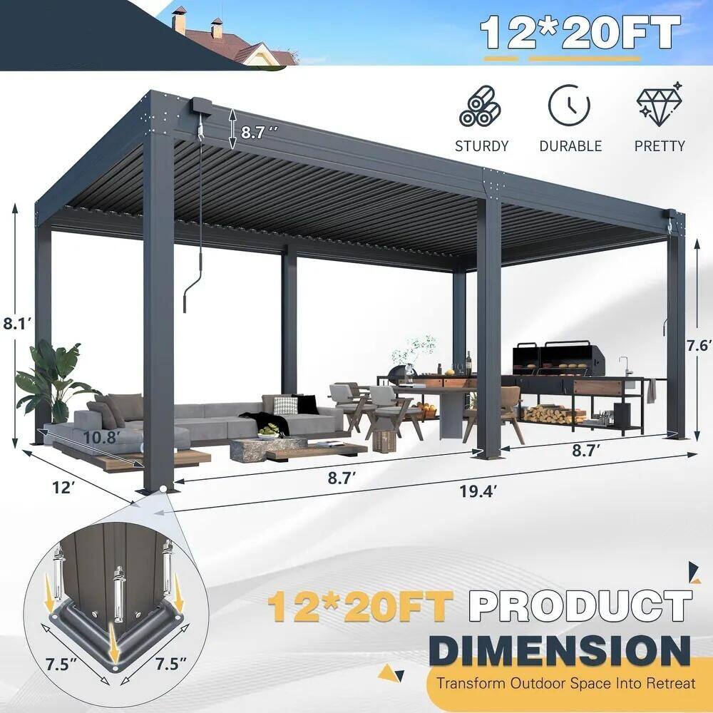 12*20FT  
STURDY DURABLE PRETTY  

PRODUCT DIMENSION  
Transform Outdoor Space Into Retreat  

- 8.1'  
- 12'  
- 10.8"  
- 8.7'  
- 19.4'  
- 8.7'  
- 7.6'  
- 8.7"  
- 7.5"  
- 7.5"  
- 8.7"