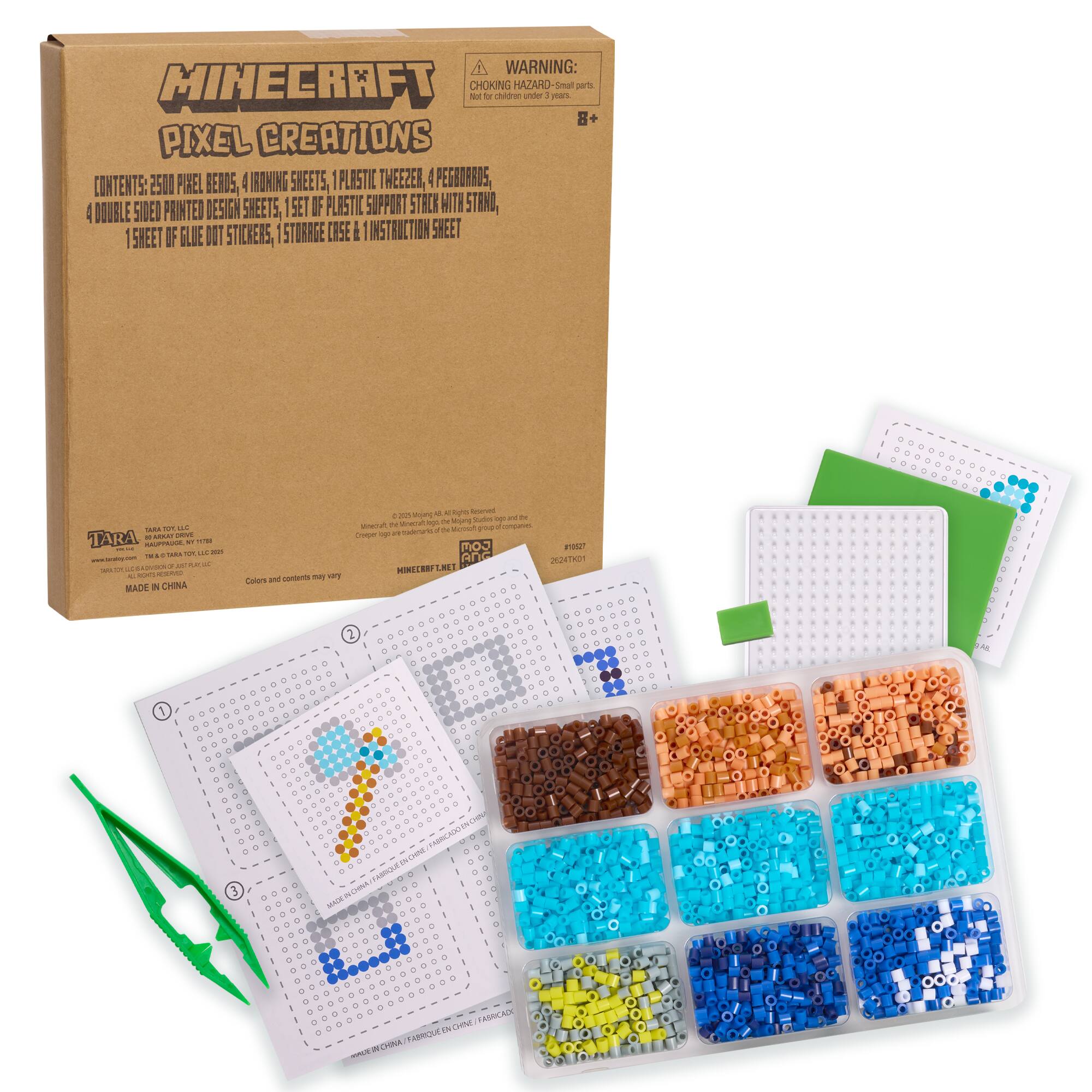 WARNING: Minecraft Choking Hazard - Small Parts. Not for children under 3 years.

Contents: 2500 Pixel Creations, 2500 Plastic Pieces, 2500 Plastic Theezens, 1 Pegboard, 1 Double Sided Printed Design Sheets, 1 Storage Case, 1 Sheet of Glue Dots Stickers, Instruction Sheet.

Made in China.