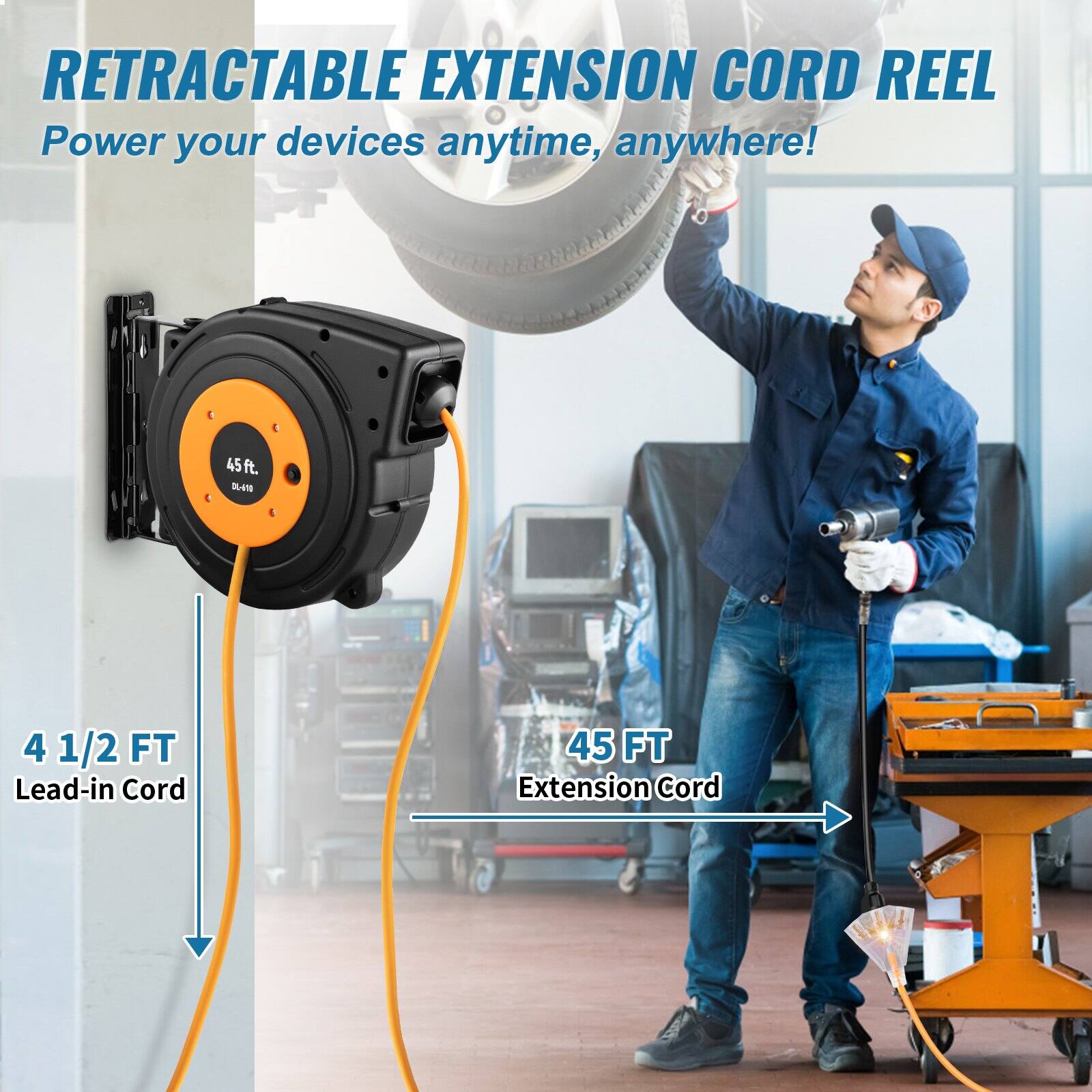 RETRACTABLE EXTENSION CORD REEL  
Power your devices anytime, anywhere!  

45 ft.  
4 1/2 FT Lead-in Cord  
45 FT Extension Cord