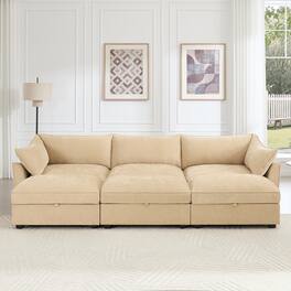 Aukfa - 3-Seater Sofa with 3 Footstools - Pull-Out Drawers Under Each Seat, Crescent Armrests, Chenille Fabric - Hazelwood
