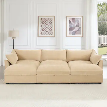Front. Aukfa - 3-Seater Sofa with 3 Footstools - Pull-Out Drawers Under Each Seat, Crescent Armrests, Chenille Fabric - Hazelwood.