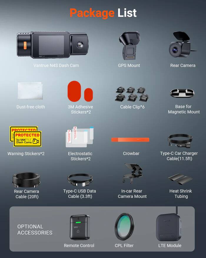 Package List

- Vantrue N4S Dash Cam
- GPS Mount
- Rear Camera
- Dust-free cloth
- 3M Adhesive Stickers*2
- Cable Clip*6
- Base for Magnetic Mount
- Warning Stickers*2
- Electrostatic Stickers*2
- Crowbar
- Type-C Car Charger Cable (11.5ft)
- Rear Camera Cable (20ft)
- Type-C USB Data Cable (3.3ft)
- In-car Rear Camera Mount
- Heat Shrink Tubing

Optional Accessories

- Remote Control
- CPL Filter
- LTE Module