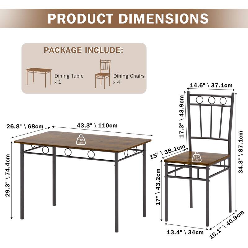 PRODUCT DIMENSIONS

PACKAGE INCLUDE:
- Dining Table x 1
- Dining Chairs x 4

Table Dimensions:
- Length: 43.3" / 110cm
- Width: 26.8" / 68cm
- Height: 29.3" / 74.4cm

Chair Dimensions:
- Seat Height: 17.3" / 43.9cm
- Back Height: 38.1cm
- Seat Width: 17" / 43.2cm
- Seat Depth: 15" / 38.1cm
- Overall Height: 34.3" / 87.1cm
- Width: 13.4" / 34cm
- Depth: 16.1" / 40.9cm