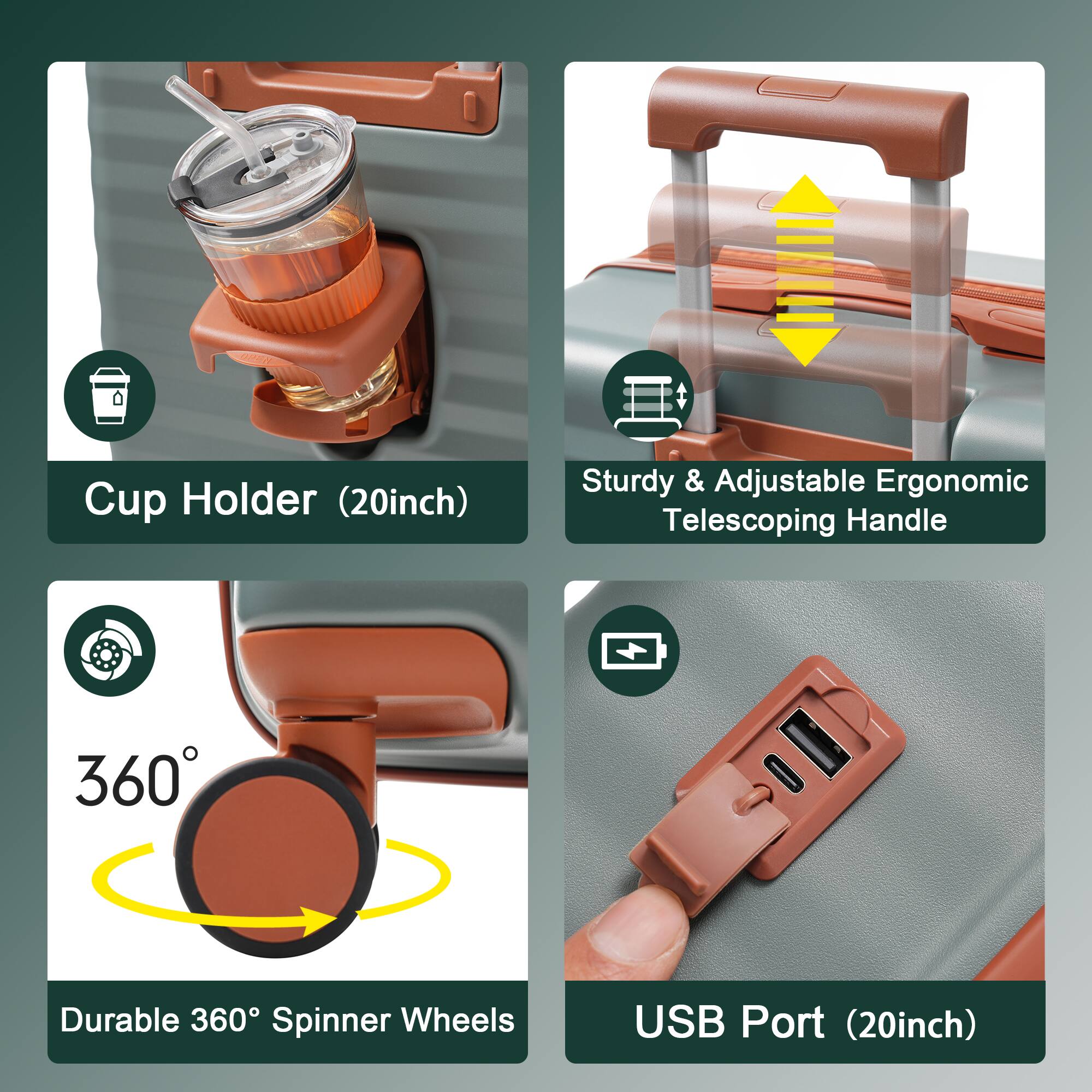 - Cup Holder (20inch)
- Sturdy & Adjustable Ergonomic Telescoping Handle
- Durable 360° Spinner Wheels
- USB Port (20inch)