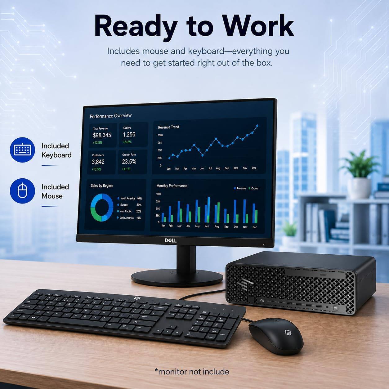 Ready to Work  
Includes mouse and keyboard—everything you need to get started right out of the box.

Performance Overview  
Included Keyboard  
Total Revenue $98,345 +12.5%  
Customers 3,842 +13.5%  
Orders 1,256 +8.2%  
Growth Rate 23.5% +4.1%  

Revenue Trend  
TOOK 75K SOX 25K  
Jan Mar Apr May Jun Jul Aug Sep Oct Nov Dec  

Included Mouse  
Sales by Region  
40% North America  
30% Europe  
20% Asia Pacific  
10% Latin America  

Monthly Performance  
TOOK 75K SDK 25K  
Jan Feb Mar Apr May Jun Jul Aug Sep Oct Nov Dec  

DELL  

*monitor not include