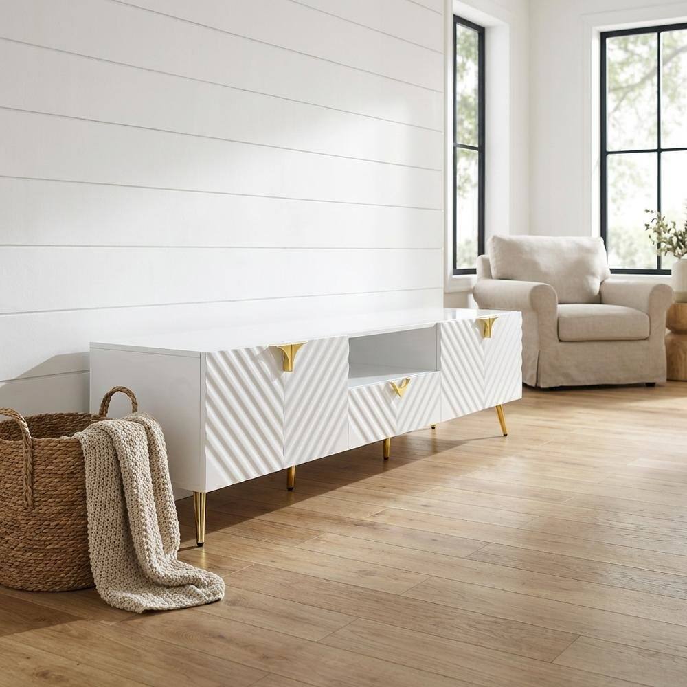 Alt View 1. FurniFact - White Gloss Finish TV Stand with Rubberwood and Walnut Veneers for Modern Living - Beige.