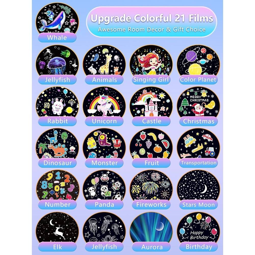 Sure, here is the corrected and grouped text from the image:

---

**Upgrade Colorful 21 Films**  
Awesome Room Decor & Gift Choice

- Whale
- Jellyfish
- Animals
- Singing Girl
- Color Planet
- Rabbit
- Unicorn
- Castle
- Christmas
- Dinosaur
- Monster
- Fruit
- Transportation
- Number
- Panda
- Fireworks
- Stars Moon
- Elk
- Jellyfish
- Aurora
- Birthday

---