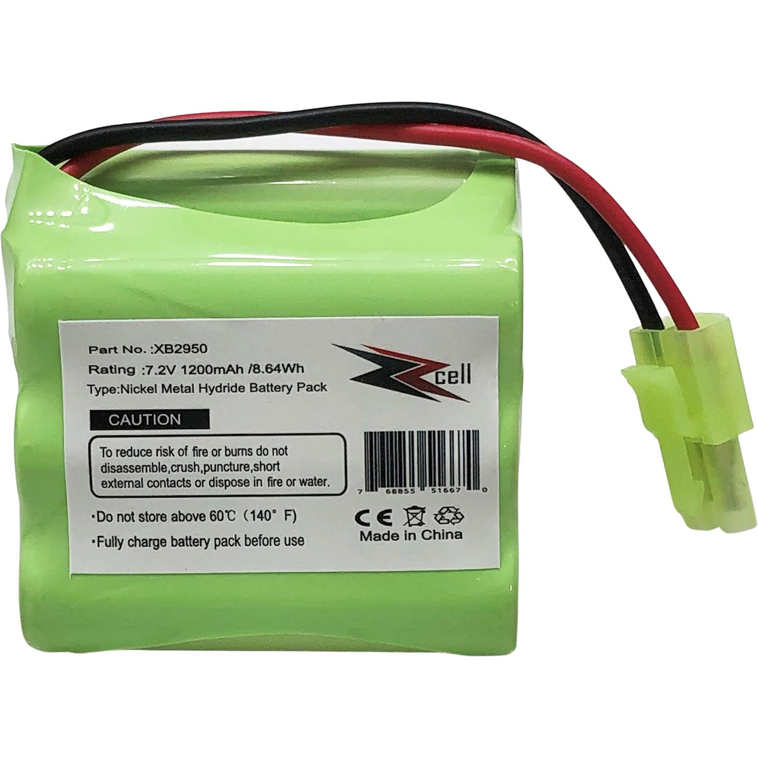 Part No.: XB2950  
Rating: 7.2V 1200mAh / 8.64Wh  
Type: Nickel Metal Hydride Battery Pack  

CAUTION  
To reduce risk of fire or burns, do not disassemble, crush, puncture, short external contacts or dispose in fire or water.  
Do not store above 60°C (140°F)  
Fully charge battery pack before use  

CE  
Made in China
