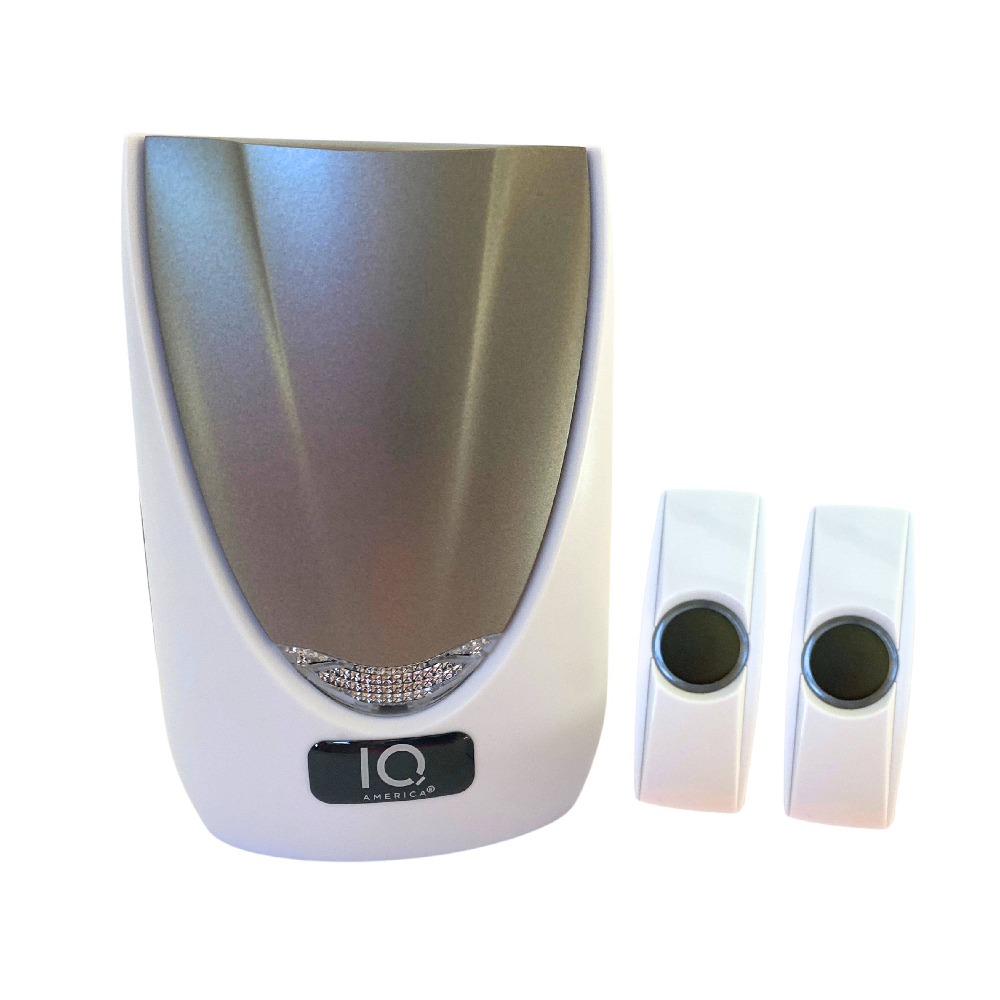 Front. IQ America - Battery Powered Wireless Door Bell Chime with Visual Alert, 6 Chime Tones 4 Volume Levels, 2 Buttons - White.