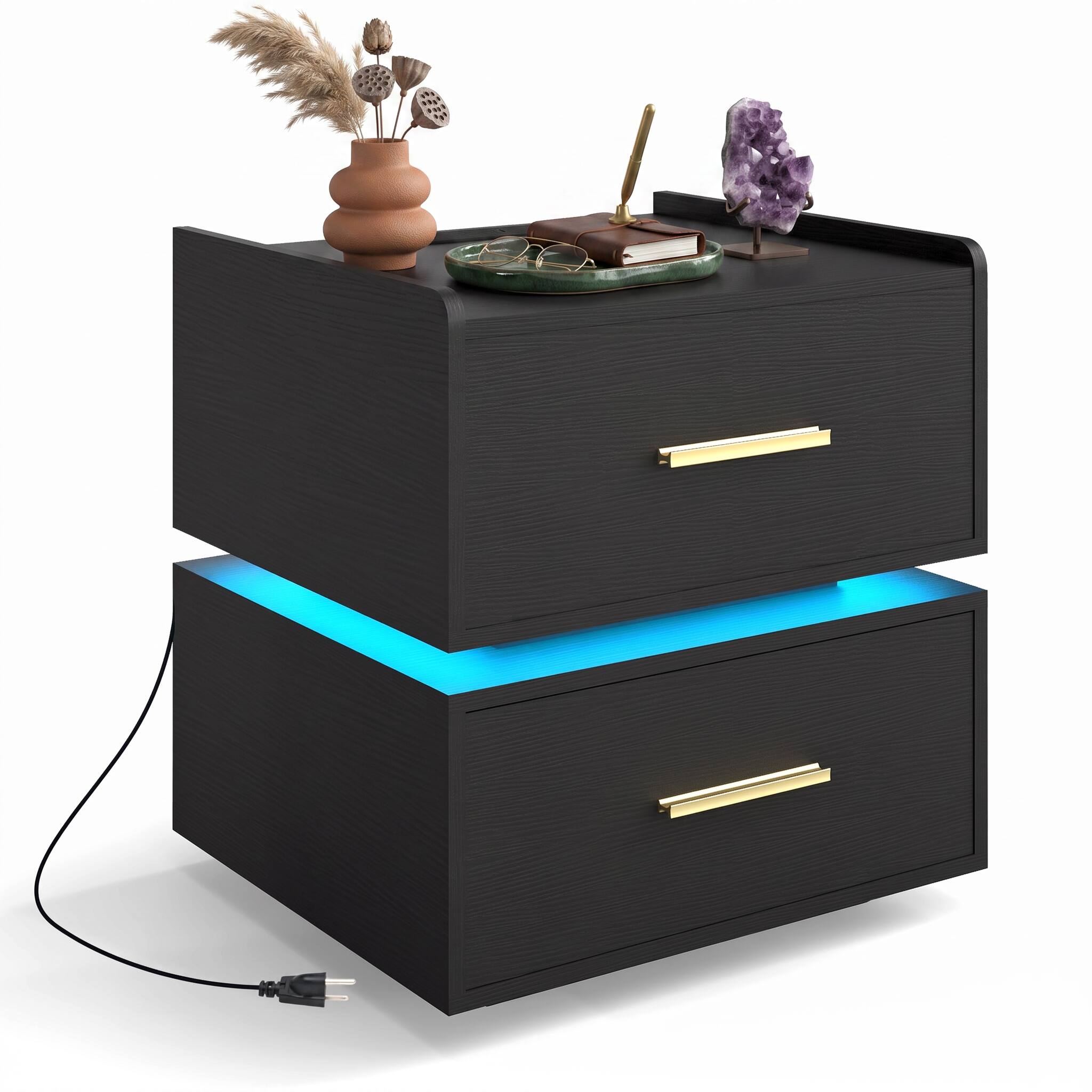 Back. WELLFOR - LED Nightstand with Charging Station and 2 Storage Drawers - Black.
