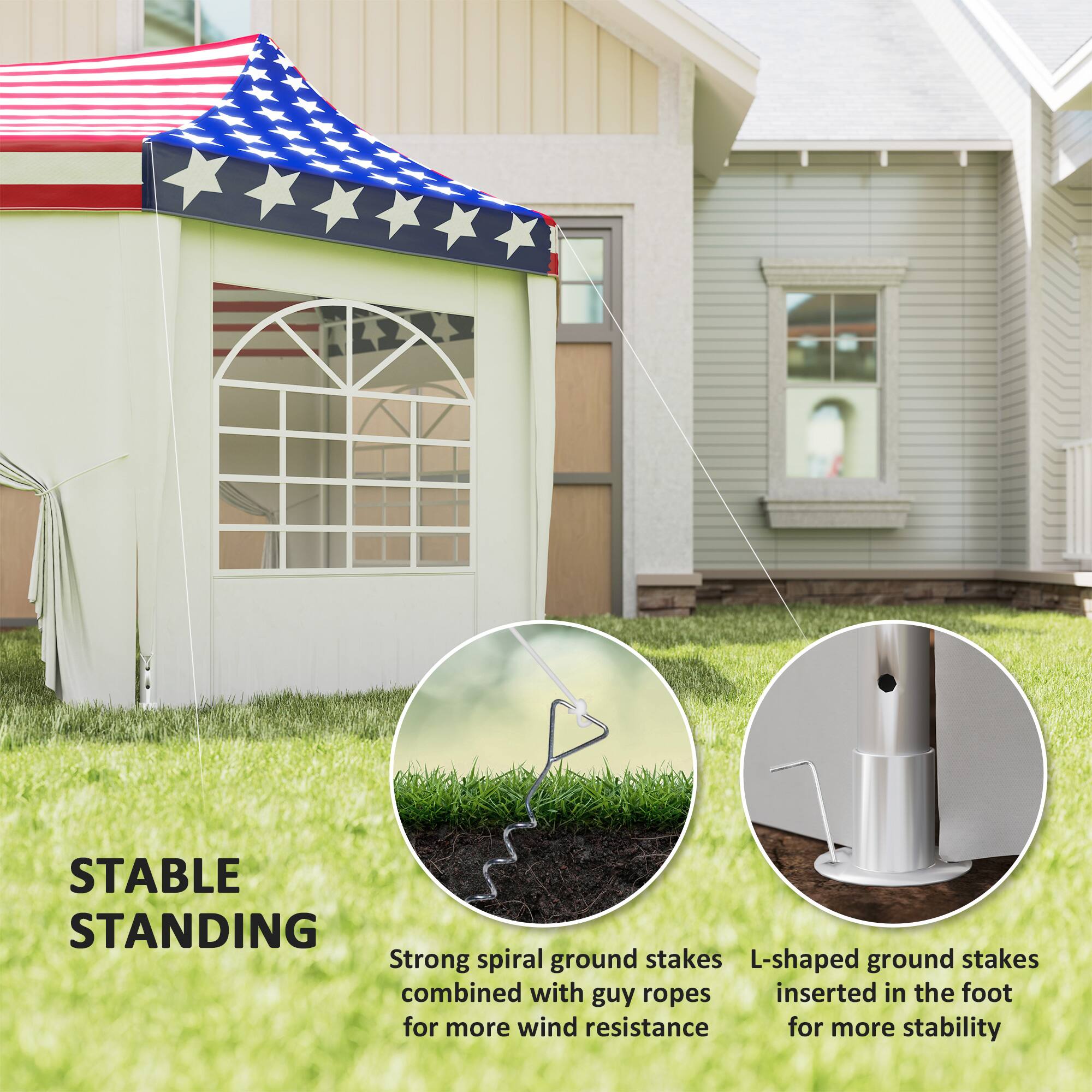 STABLE STANDING
Strong spiral ground stakes combined with guy ropes for more wind resistance
L-shaped ground stakes inserted in the foot for more stability