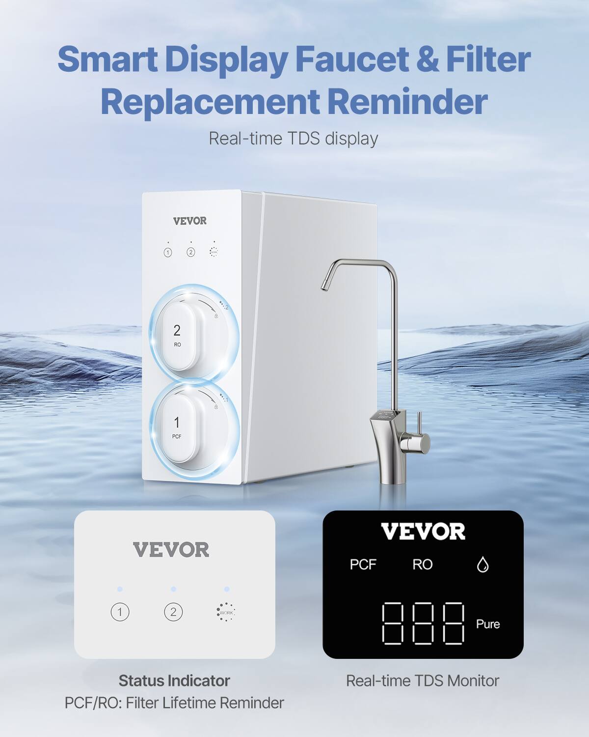 Smart Display Faucet & Filter Replacement Reminder  
Real-time TDS display  

VEVOR  
1 2 2 RO 5 1 Pr VEVOR VEVOR PCF RO 1 2 WORK. Pure  

Status Indicator  
PCF/RO: Filter Lifetime Reminder  

Real-time TDS Monitor