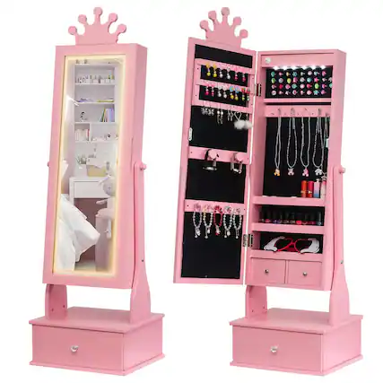 Front. Acekool - Kids Jewelry Armoire with Full-Length LED Mirror,Freestanding Princess Vanity Cabinet, 3 Drawers - Pink.