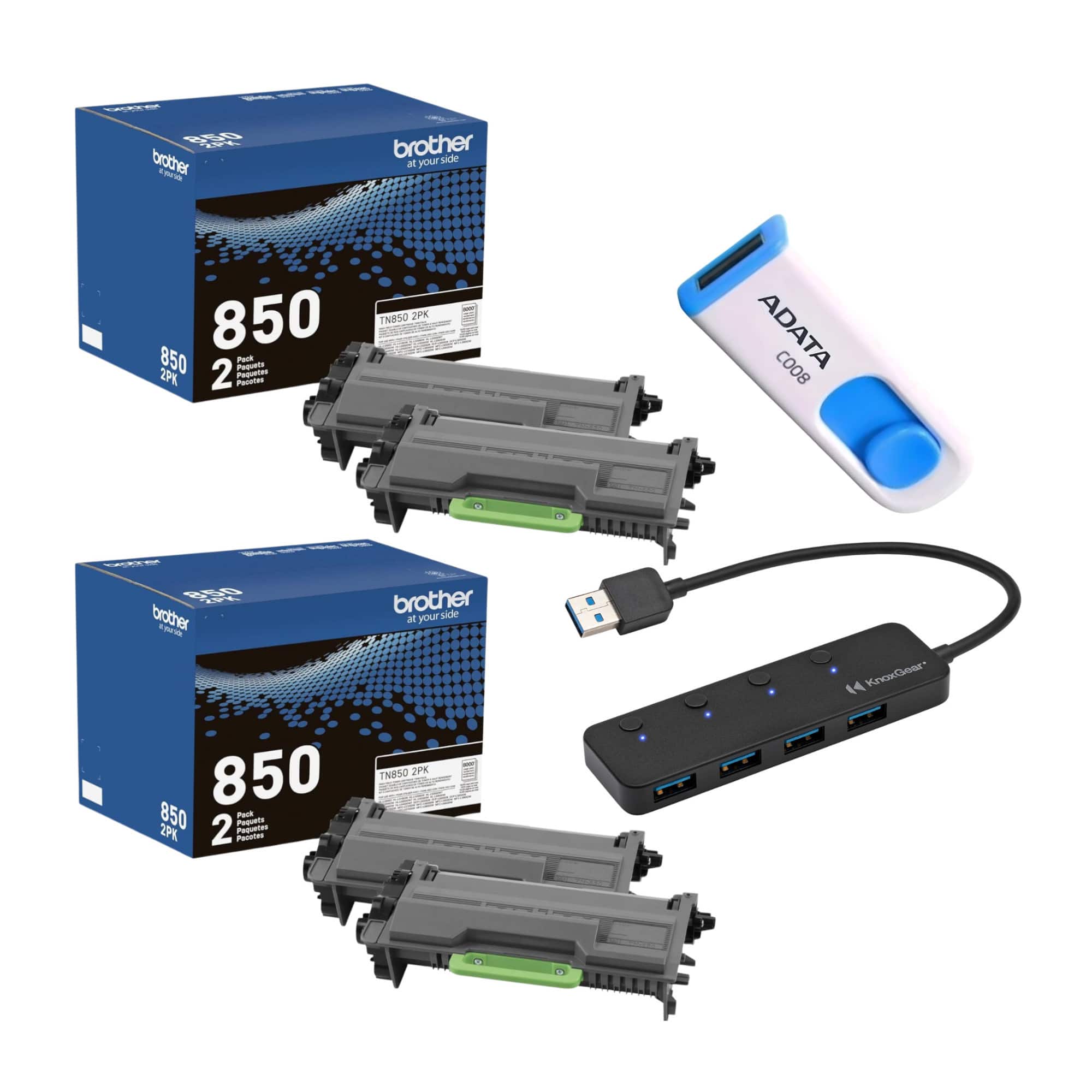 Brother - TN850 Black Toner Cartridge Twin Pack Bundle with USB Hub and 32GB Drive
