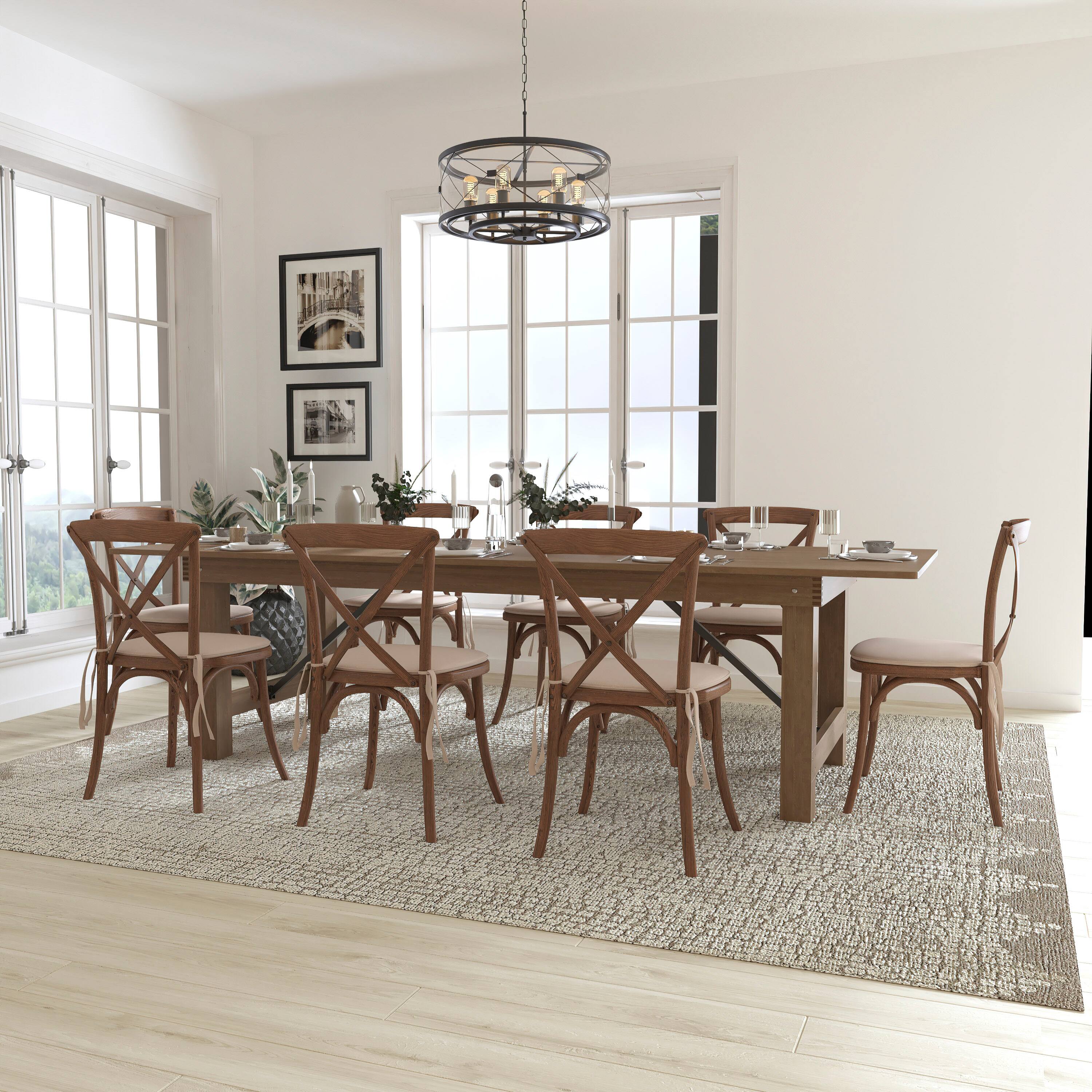 Angle. Flash Furniture - HERCULES Series 9' x 40'' Antique Rustic Folding Farm Table Set with 8 Cross Back Chairs and Cushions - Brown.
