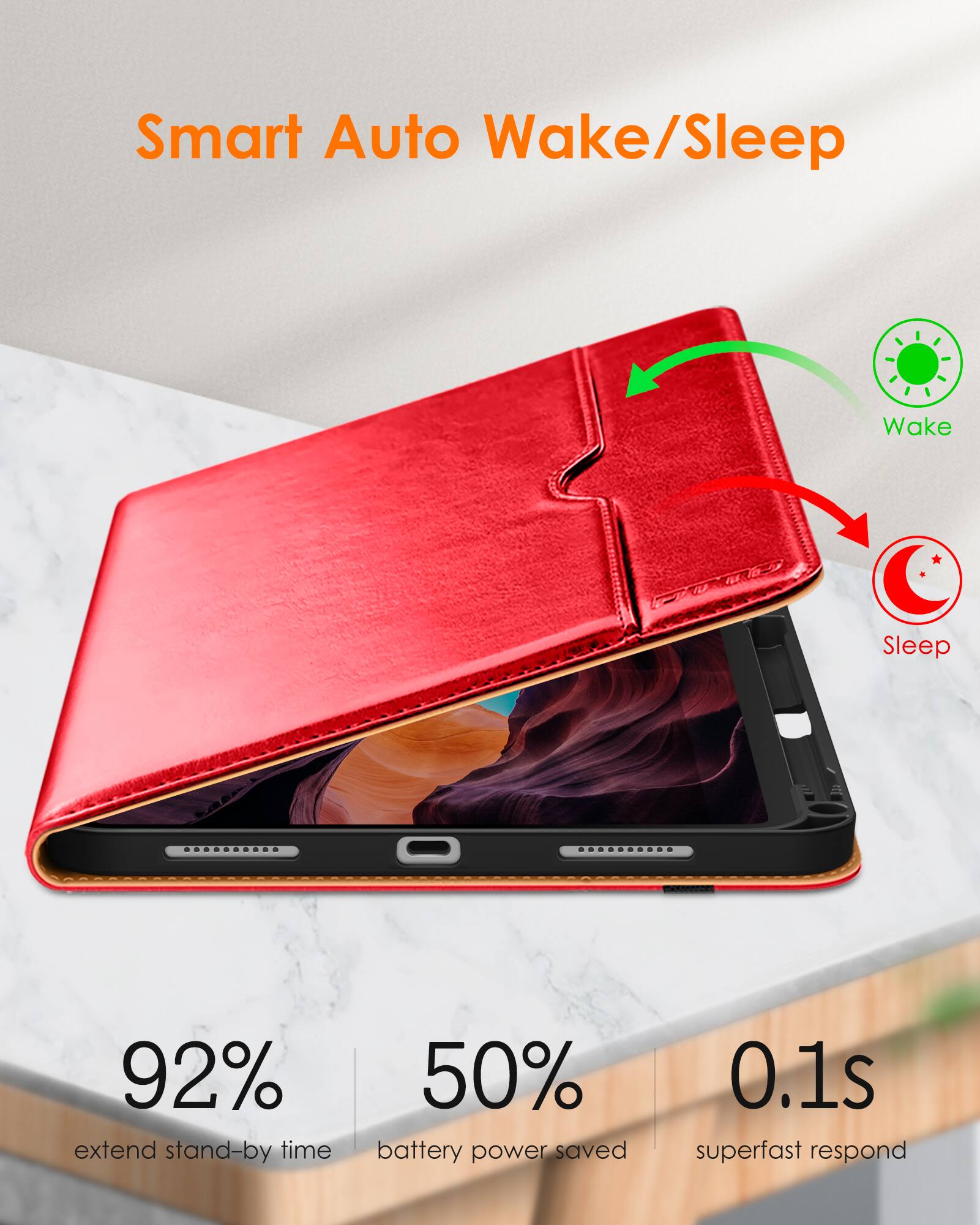 Smart Auto Wake/Sleep

- 92% extend stand-by time
- 50% battery power saved
- 0.1s superfast respond

Wake
Sleep