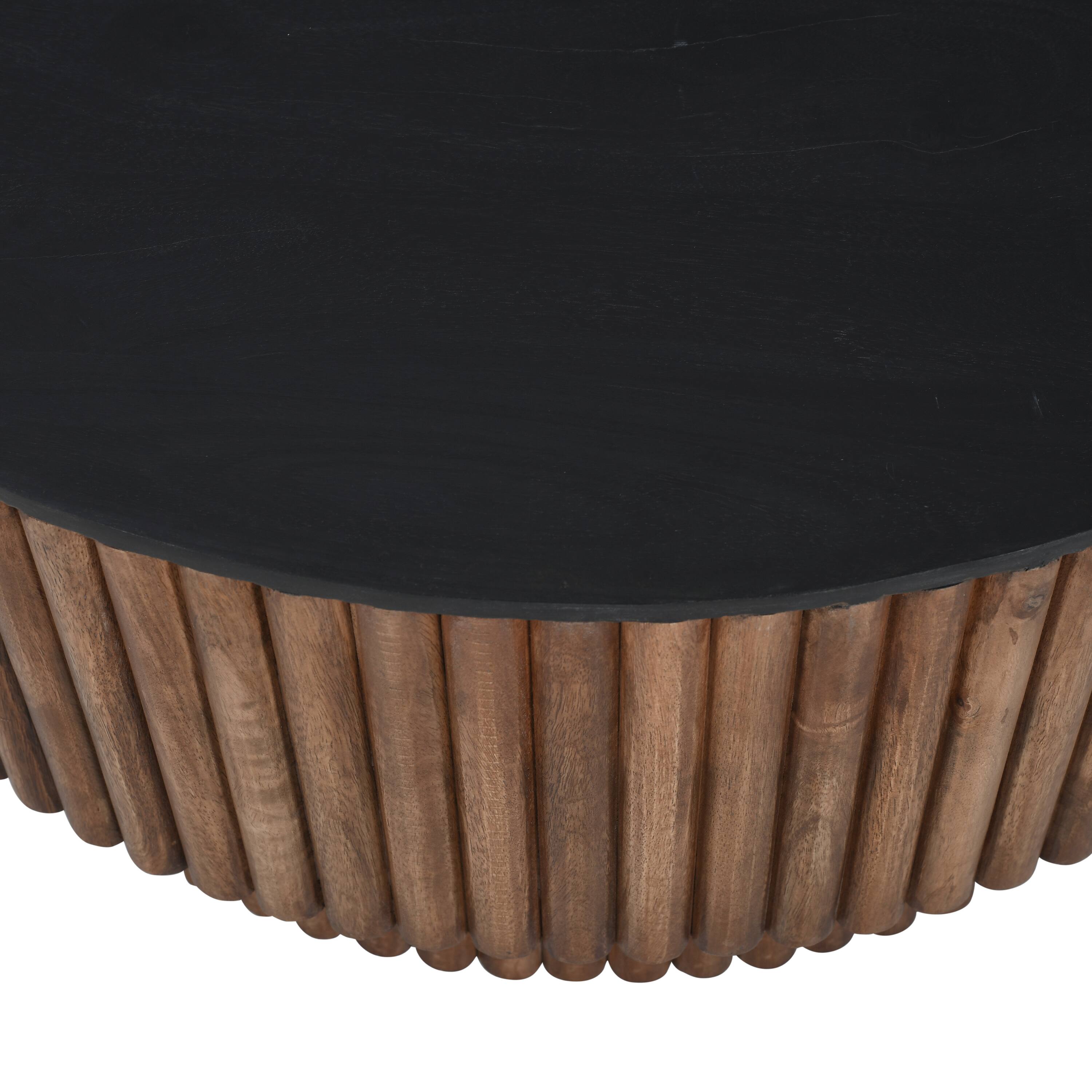 Left. Manhattan Lane - Montoya Coffee Table | 34" Round Black Top | Mango Wood Fluted Plinth Base - Black, Brown.