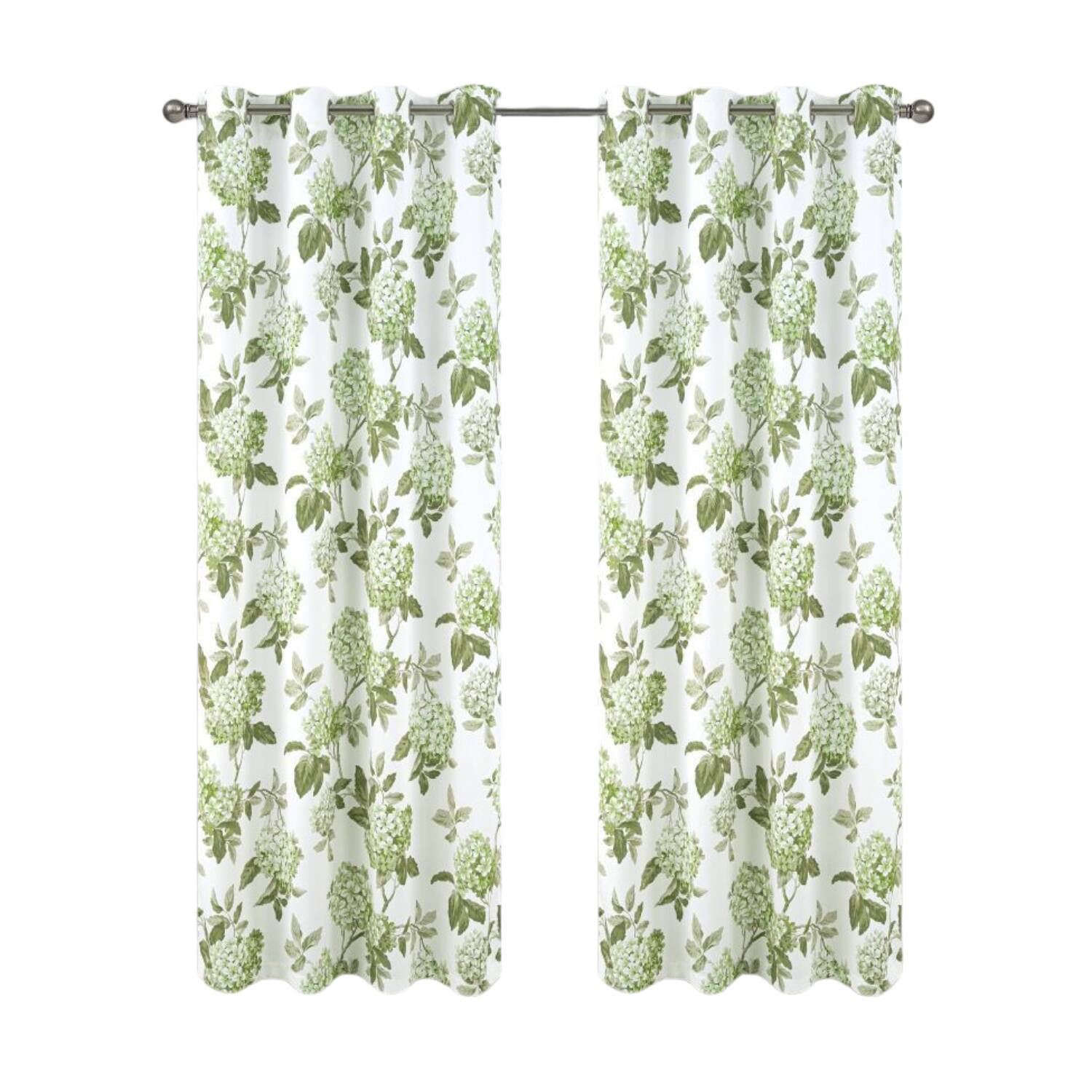 Front. Olivia Gray - Olivia Gray 100% Polyester 200 GSM Hydrangea Printed Blackout Grommet Curtain Panel 54" x 90" Green - Green.