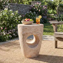Bestier - 14.5" Modern Sculptural Concrete Side Table with Geometric Hollow Design & Stone Texture - Beige