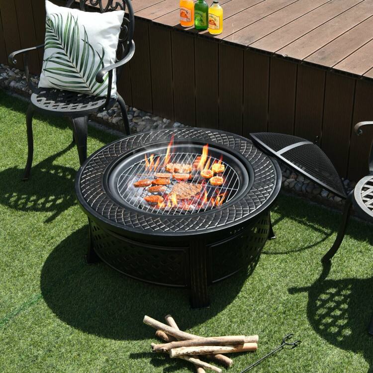 Angle. Mondawe - Outdoor Fire Pit with BBQ Grill and High-temp Resistance Finish - Black.