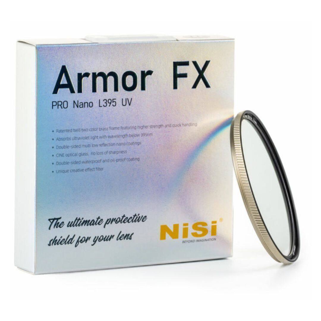 Armor FX  
PRO Nano L395 UV  

- Patented twill two color brass frame featuring higher strength and quick handling  
- Absorbs ultraviolet light with wavelength below 395nm  
- Double-sided multi low reflection nano coatings  
- CINE optical glass, no loss of sharpness  
- Double-sided waterproof and oil-proof coating  
- Unique creative effect filter  

The ultimate protective shield for your lens  

NiSi  
BEYOND IMAGINATION