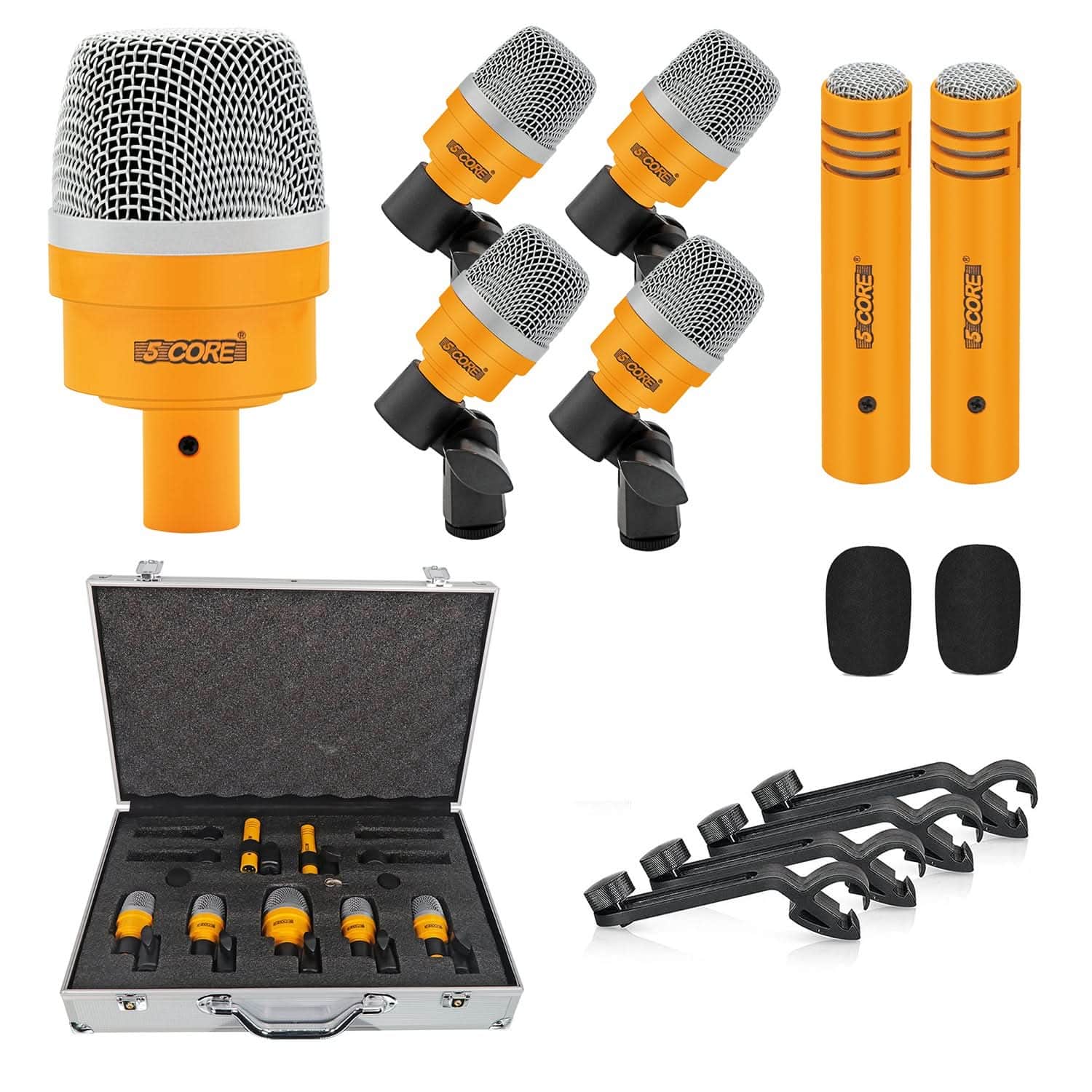 5 CORE - Drum Mic Kit 7 Pcs Kick Bass Tom Snare Dynamic Microphone Instrument Mics Set - Yellow