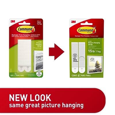 3M Command Damage-Free Hanging Large Picture Hanging Strips  
7.2 kg  
CONT. 4 PAIRS  

3M Command Damage-Free Hanging Large Picture Hanging Strips  
15 lb / 7 kg  
CONT. 4 PAIRS  

NEW LOOK  
same great picture hanging