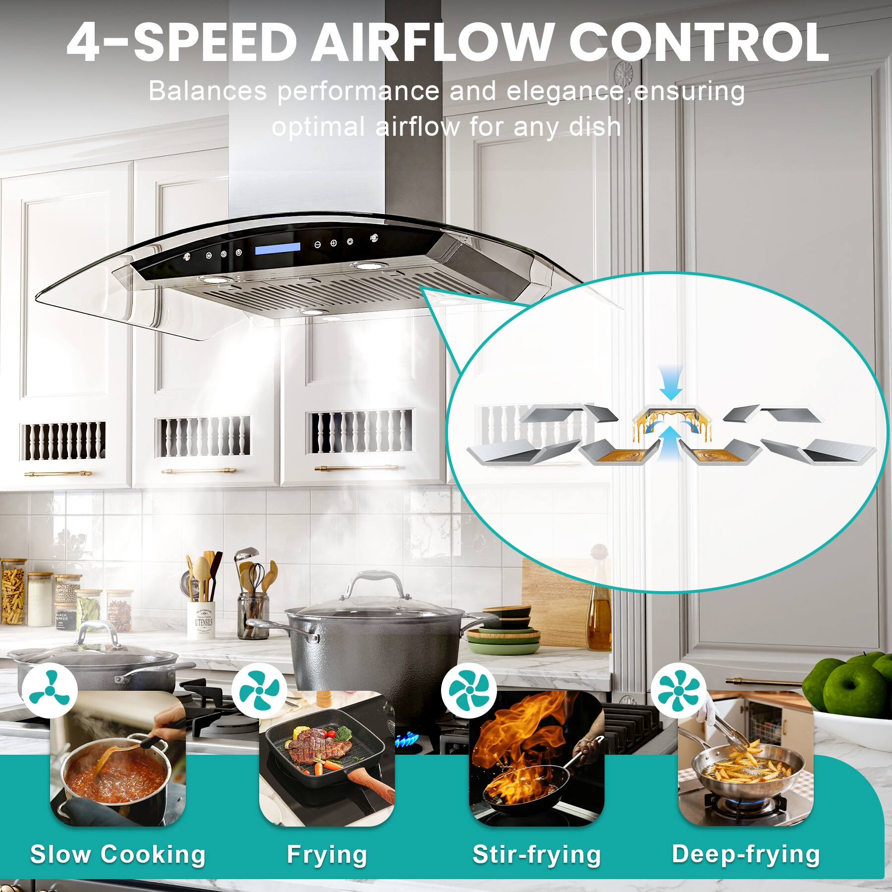 4-SPEED AIRFLOW CONTROL  
Balances performance and elegance, ensuring optimal airflow for any dish  

Slow Cooking  
Frying  
Stir-frying  
Deep-frying
