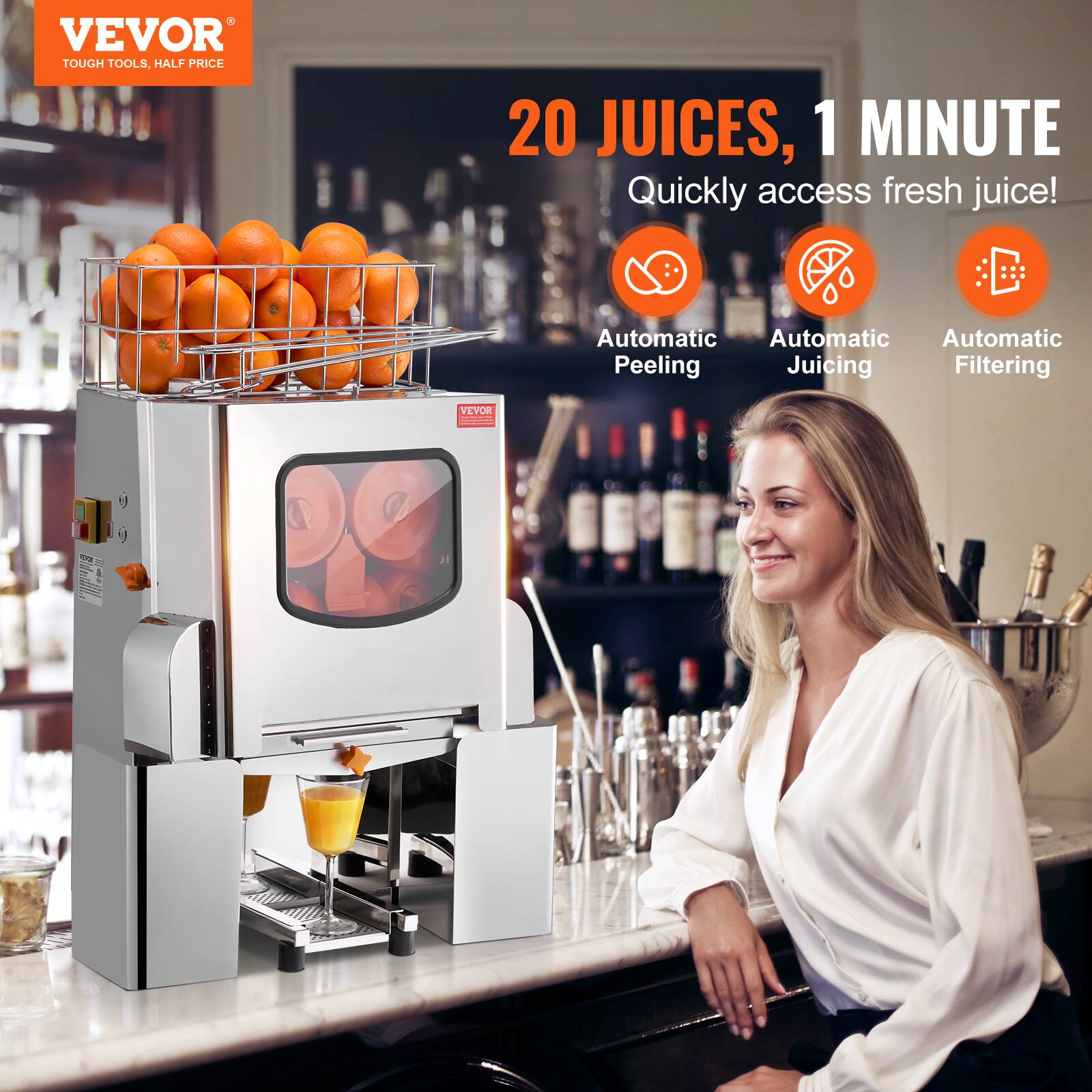 VEVOR  
TOUGH TOOLS, HALF PRICE  

20 JUICES, 1 MINUTE  
Quickly access fresh juice!  

Automatic Peeling  
Automatic Juicing  
Automatic Filtering