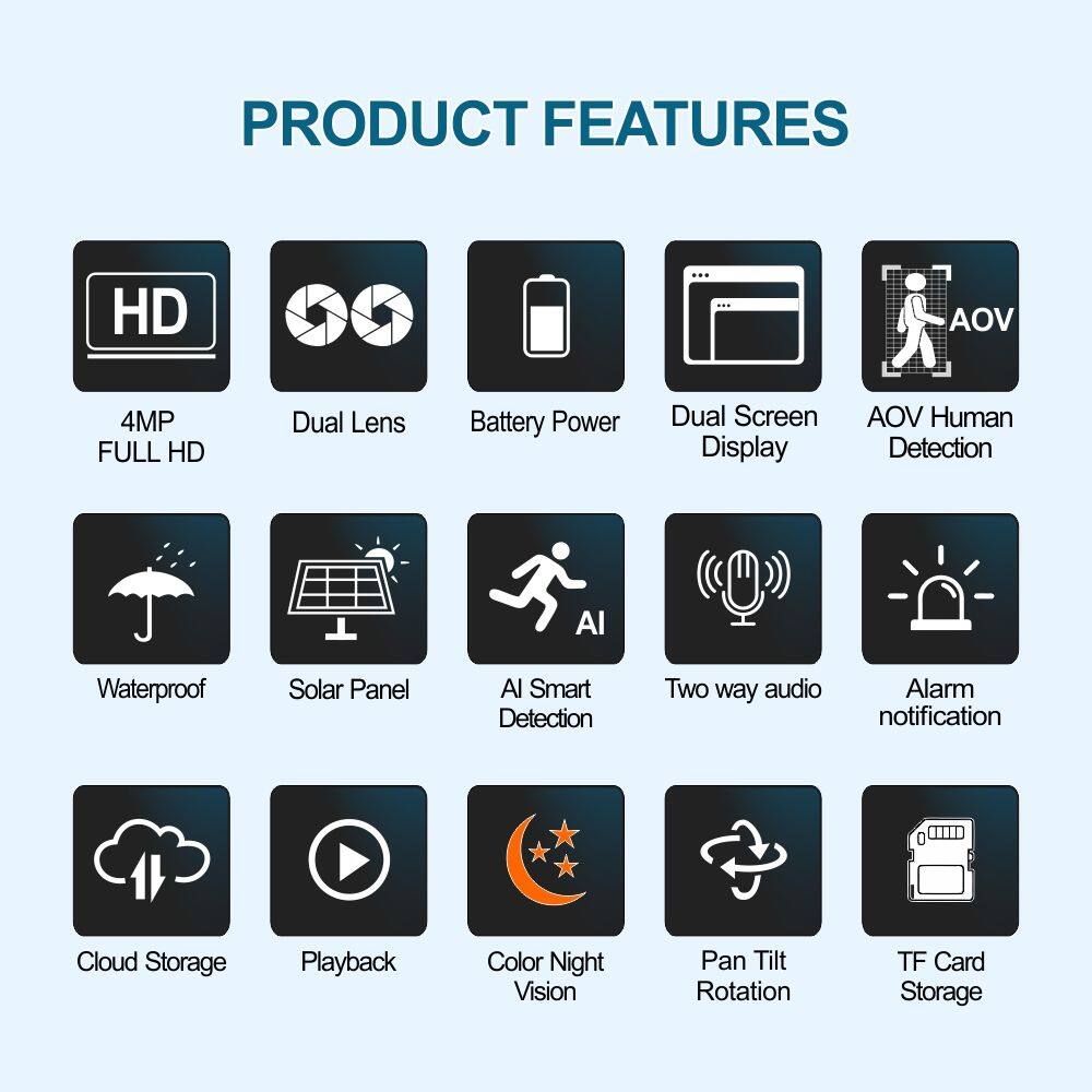 PRODUCT FEATURES

- HD
- 4MP FULL HD
- Dual Lens
- Battery Power
- Dual Screen Display
- AOV Human Detection
- Waterproof
- Solar Panel
- AI Smart Detection
- Two way audio
- Alarm notification
- Cloud Storage
- Playback
- Color Night Vision
- Pan Tilt Rotation
- TF Card Storage