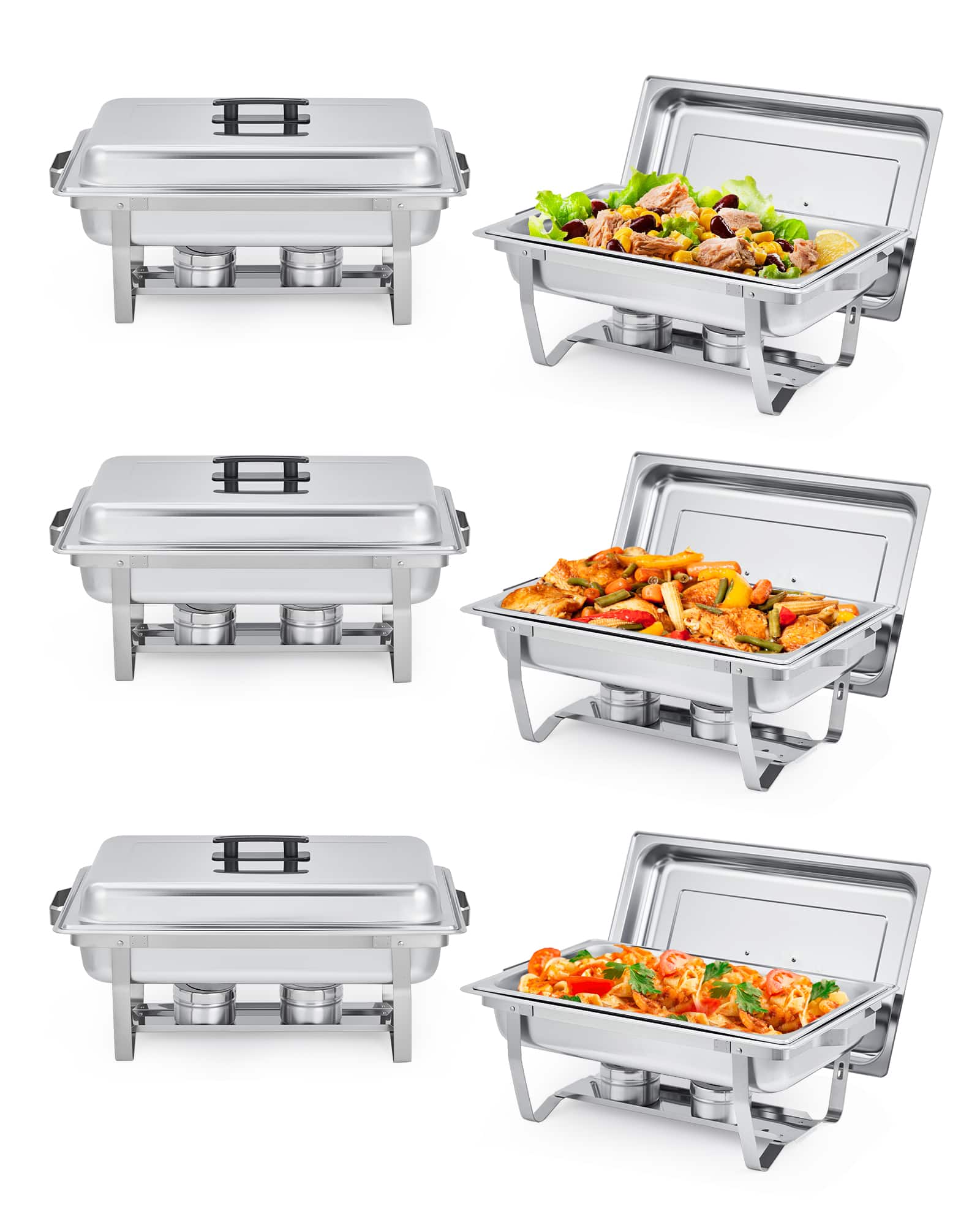 GARVEE - 6 Pack Chafing Dishes for Buffet, 8QT Buffet Servers and Warmers Set with Lid & Foldable Frame - Silver