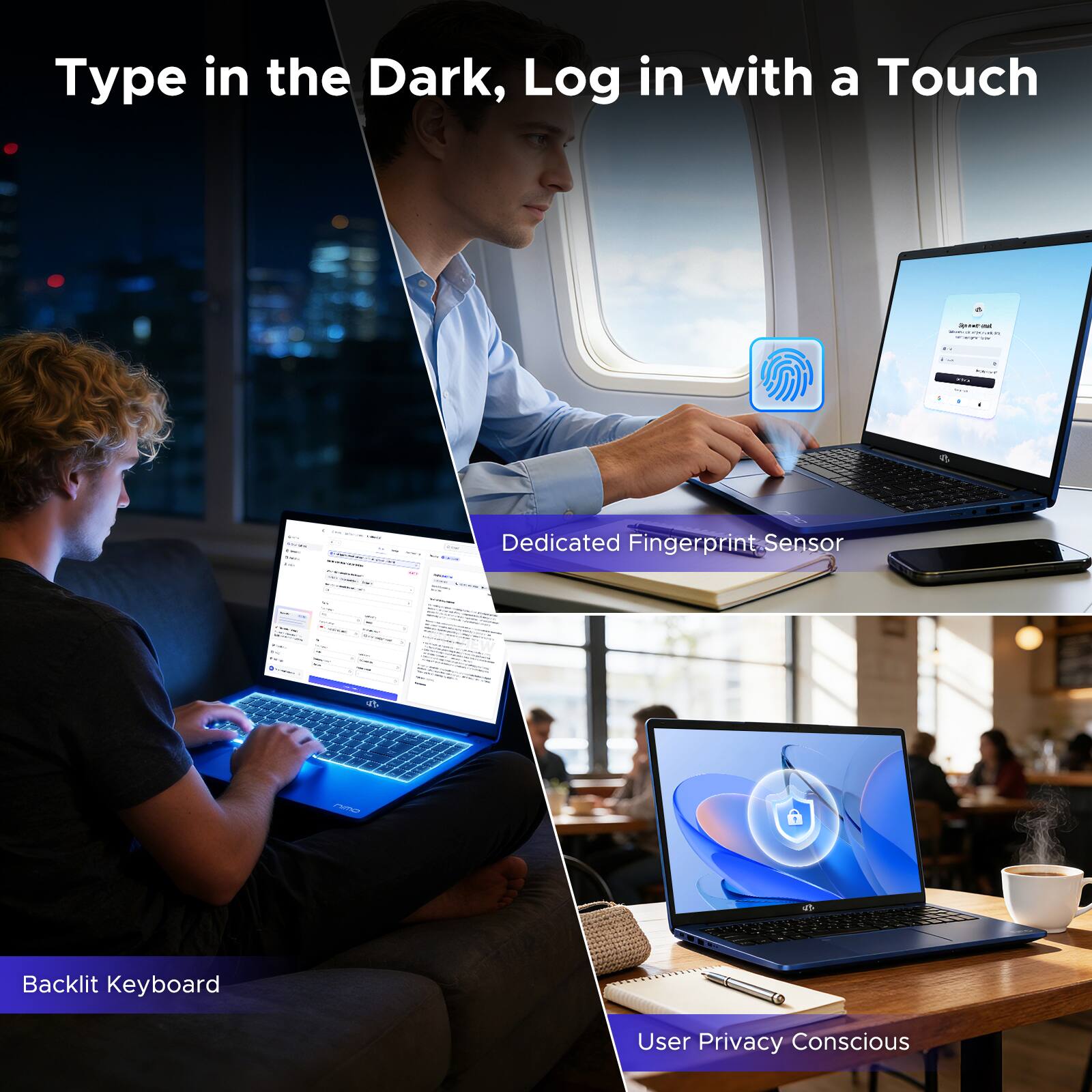Type in the Dark, Log in with a Touch

- Dedicated Fingerprint Sensor
- Backlit Keyboard
- User Privacy Conscious
