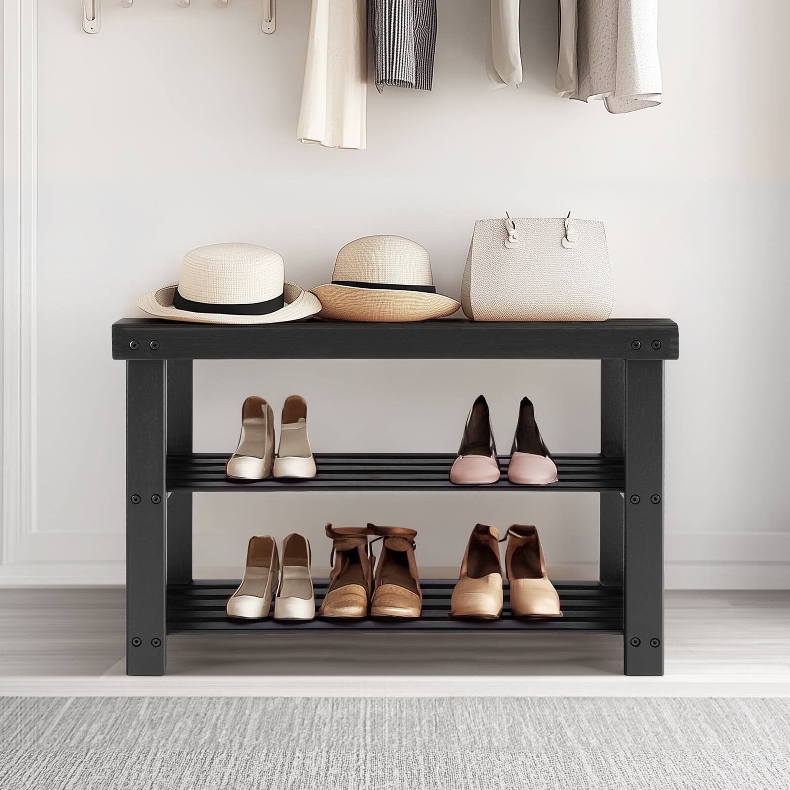 Front. AOITUN - 3-Tier Bamboo Shoe Rack Bench, 11.3 x 27.6 x 17.8 Inches Compact Storage Organizer with 286lb Capacity, Black - black.