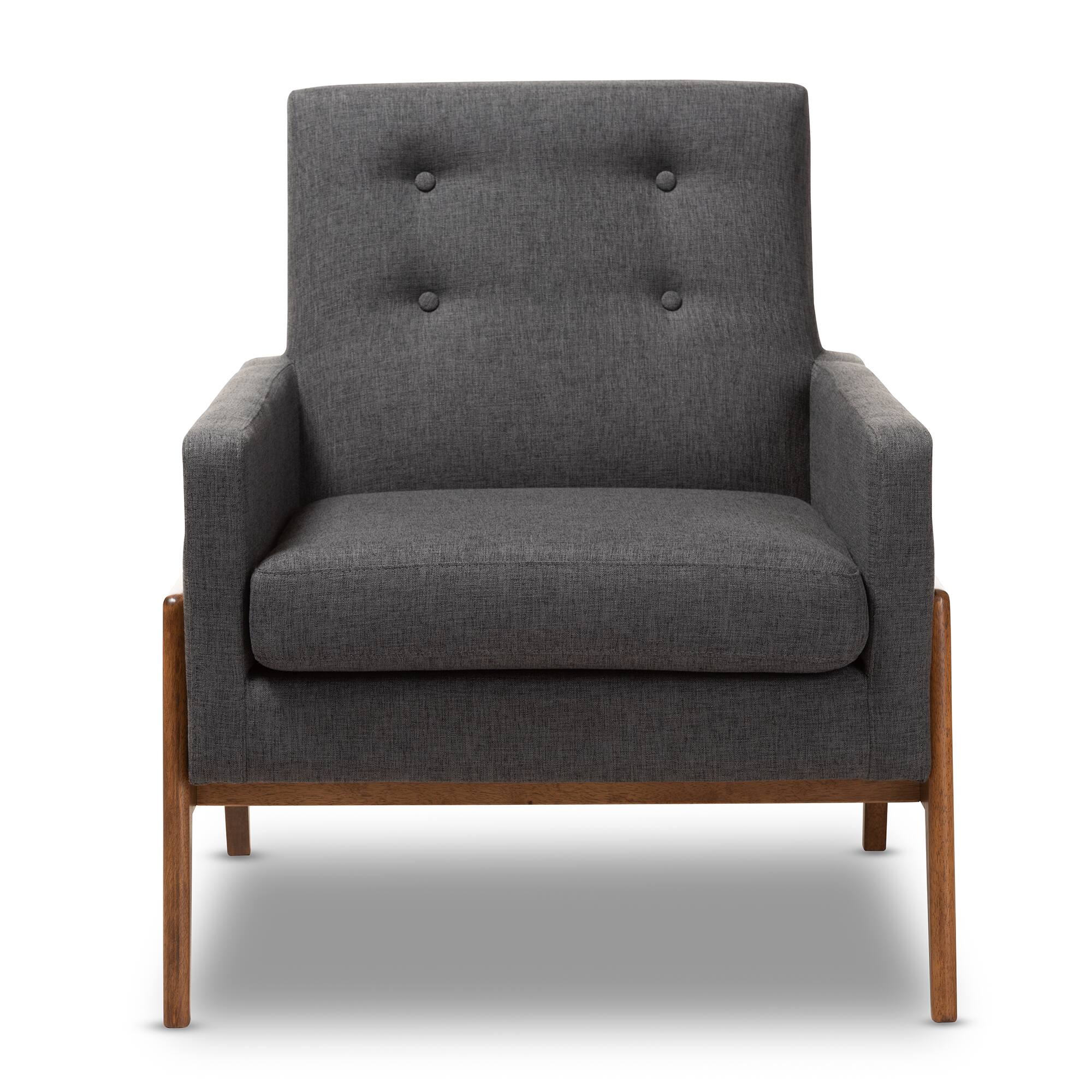 Angle. Baxton Studio - Perris Mid-Century Modern Fabric Upholstered Walnut Wood Lounge Chair - Dark Grey.