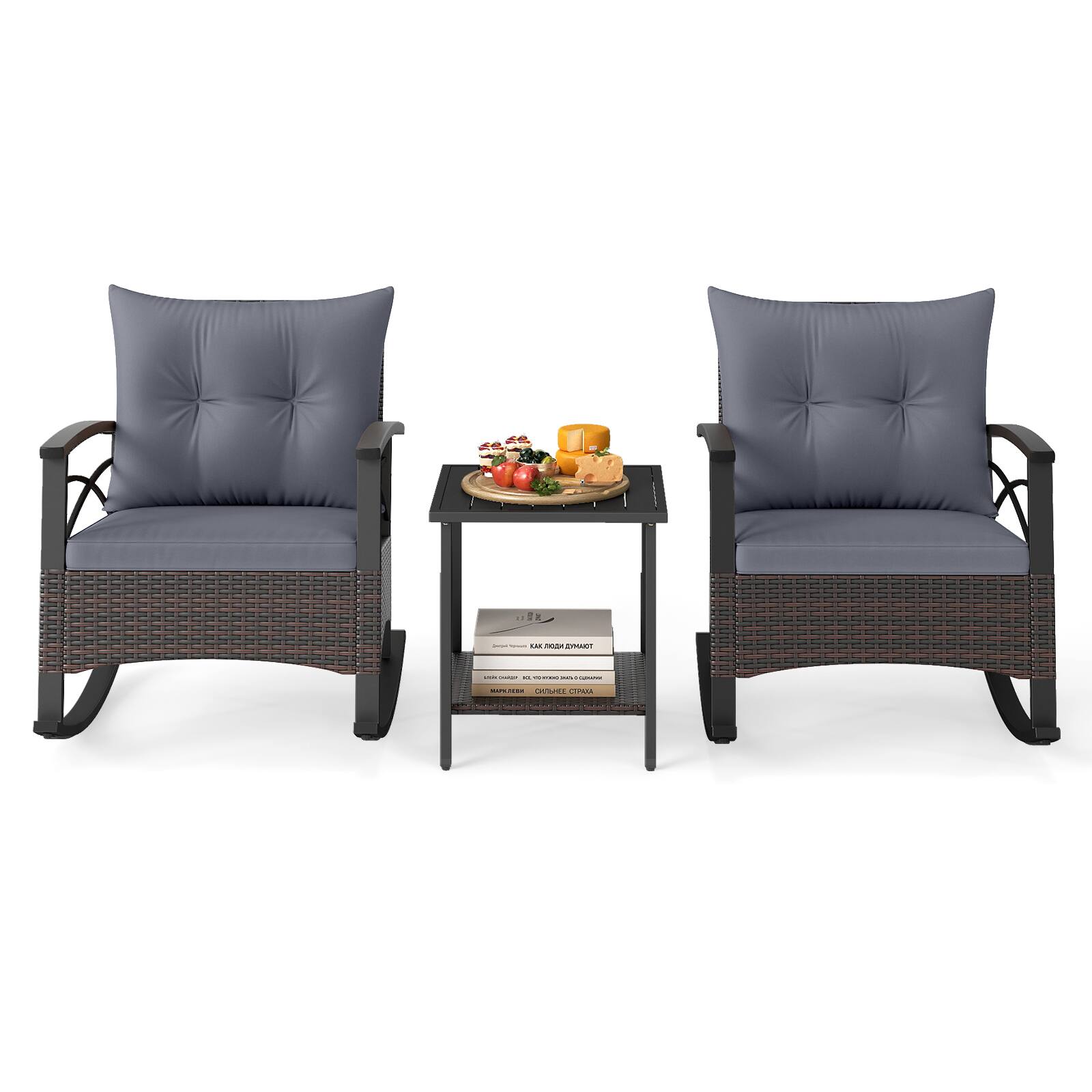 Alt View 8. Gymax - Gymax Set of 3 Rattan Rocking Chair Set w/Acacia Wood Tabletop Armrests for Porch Balcony Gray - Grey.