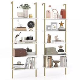 Gymax - 2 PCS 5 Tier Ladder Shelf 71'' Open Wall-Mounted Bookcase w/ Golden Steel Frame - White, Gold