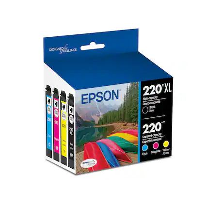 Designed for Excellence. Nu-220 XL EPSON High-capacity Grande. Standard-capacity cartridges. Black, Cyan, Magenta, Yellow, Red, Green, Blue.