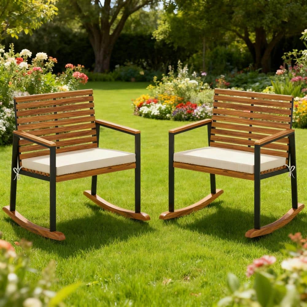 Loheer - Lawn Rocking Chair Set of 2 Acacia Wood Porch Rockers with Cushions - Cream White price history on PriceWatchPro
