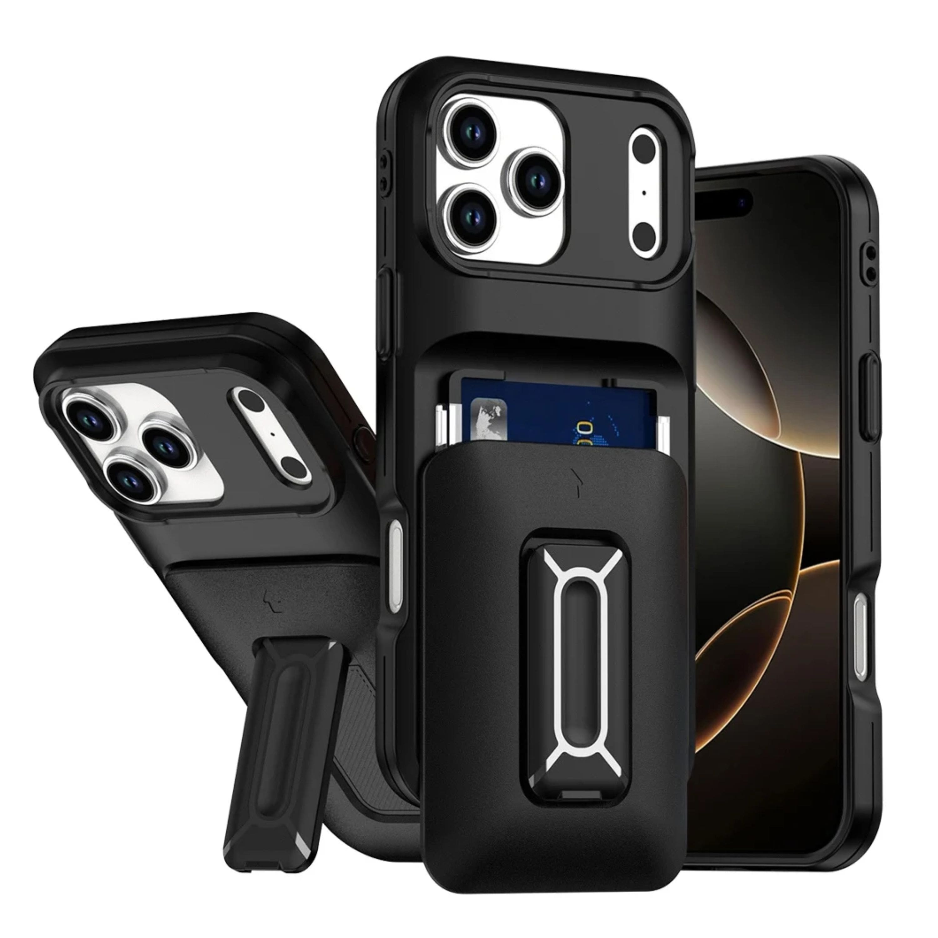 Kitcheniva - Matte Finish Phone Case With Card Holder Kickstand Strap Tempered Glass For iPhone 17 Pro Max - Black