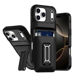 Kitcheniva - Matte Finish Phone Case With Card Holder Kickstand Strap Tempered Glass For iPhone 17 Pro Max - Black
