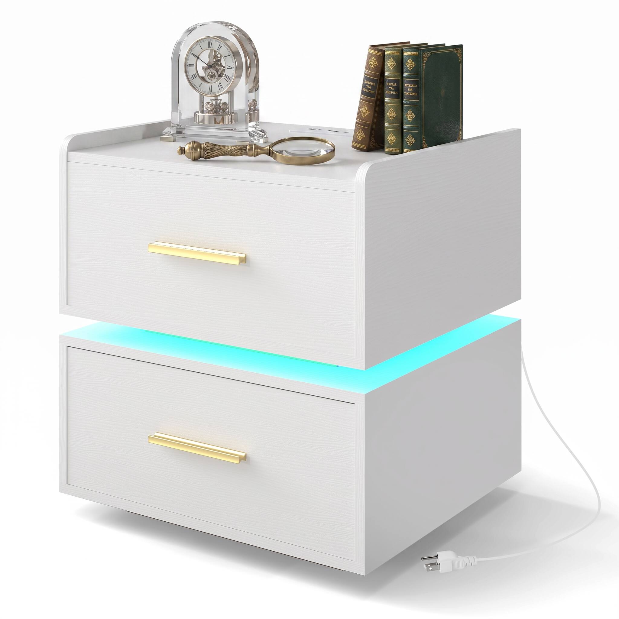 Back. WELLFOR - LED Nightstand with Charging Station and 2 Storage Drawers - White.