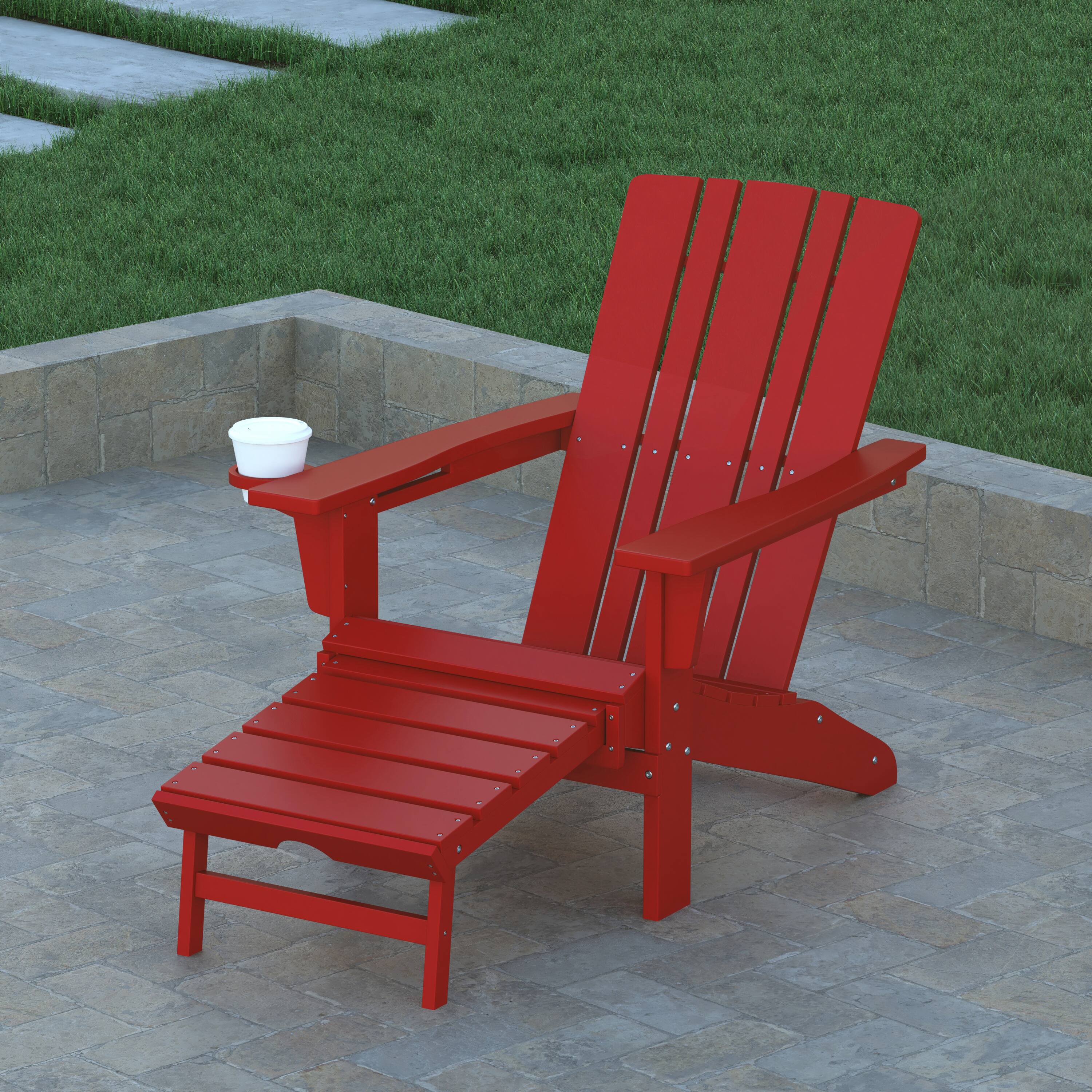Alt View 4. Emma + Oliver - Haley Set of 2 Adirondack Chairs with Cup Holders and Pull Out Ottoman, All-Weather HDPE Indoor/Outdoor Lounge Chairs - Red.