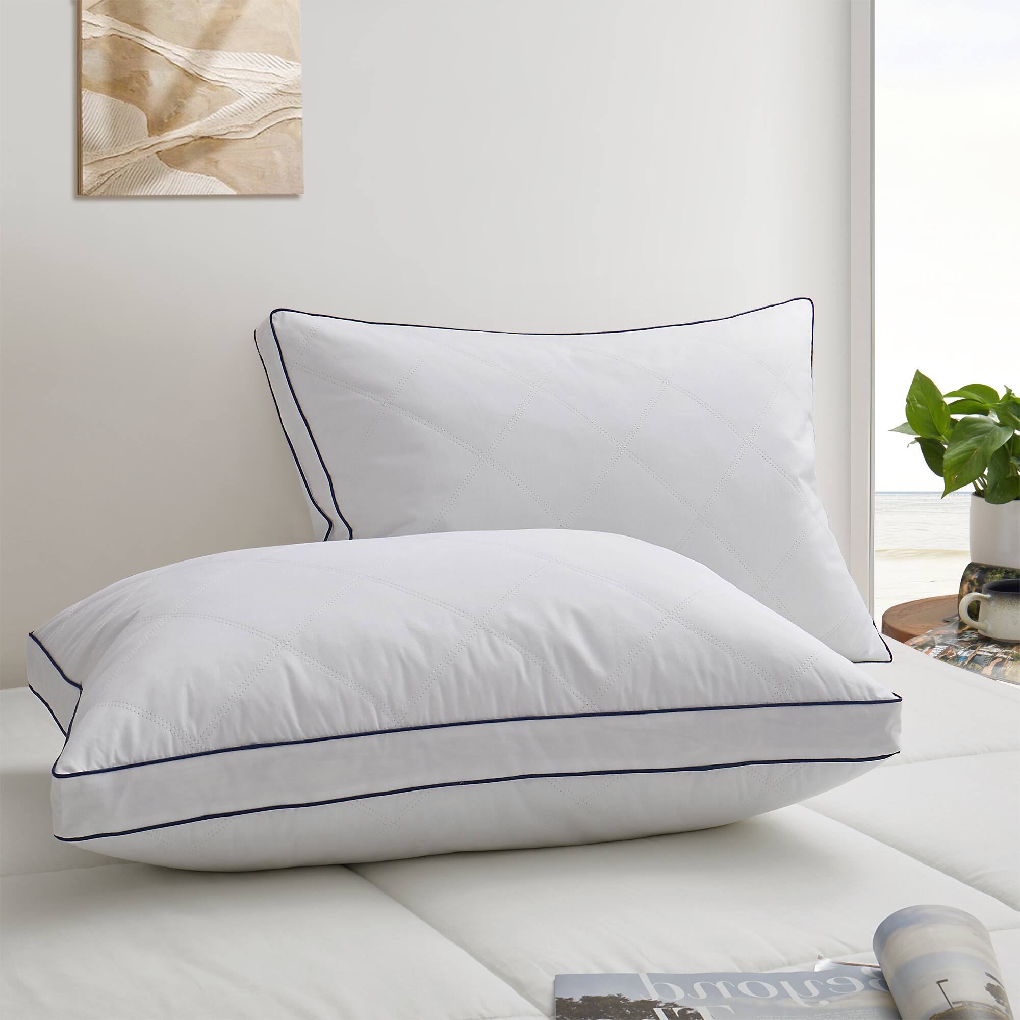 Angle. Peace Nest - Peace Nest 2 Pack Quilted Cotton Goose Feather Down Pillow - White.