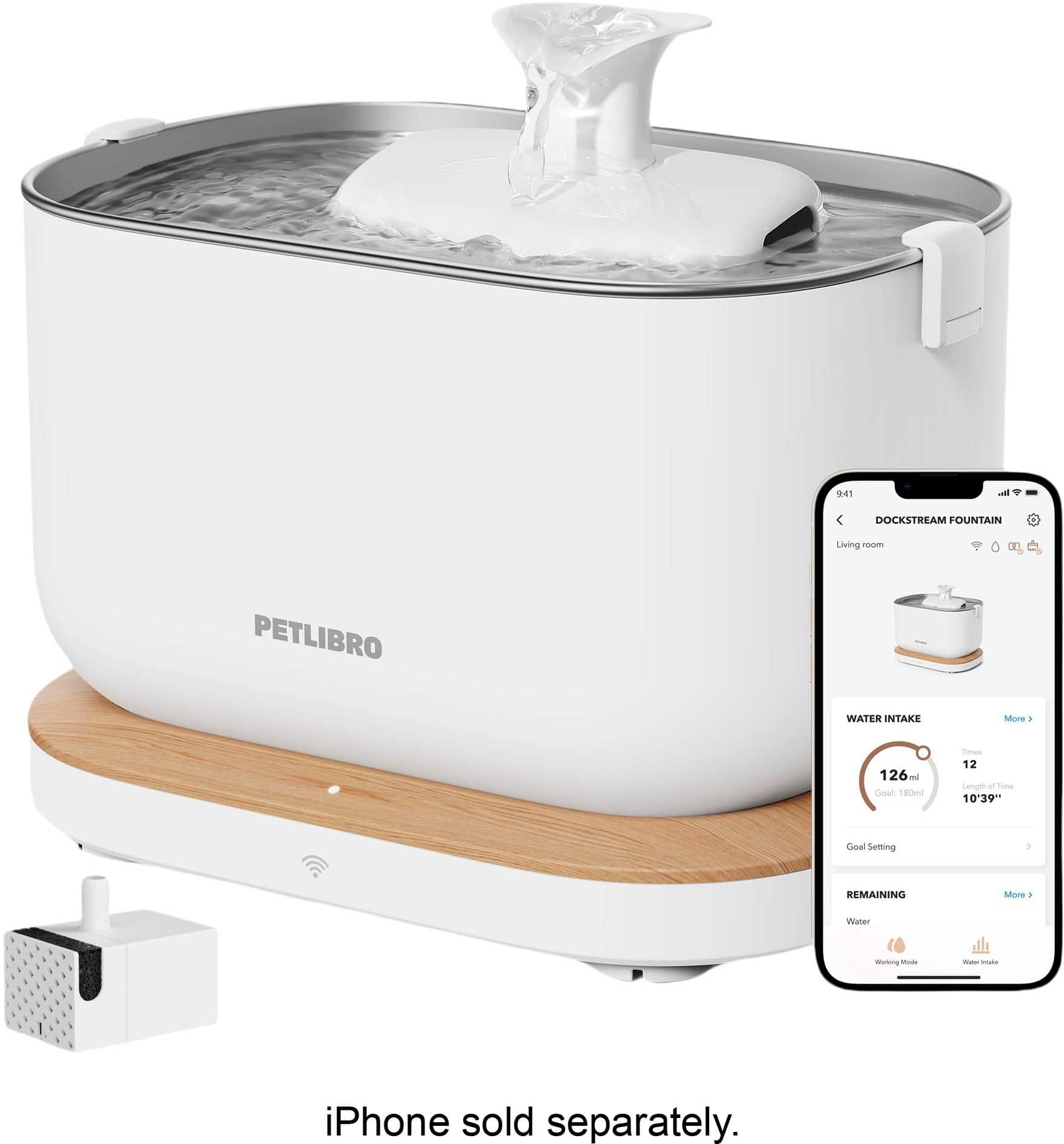 The text on the image reads: "PETLIBRO WATER INTAKE MORE - 126ml - CINAL 20mc - 12 Lemol - Tane 10'39" Goal Setting REMAINING Money - Water - iPhone sold separately."