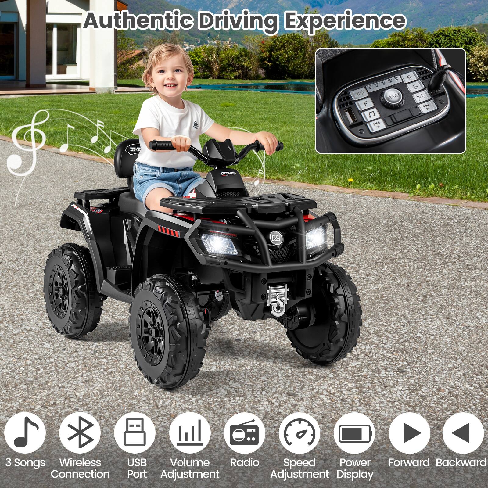 Authentic Driving Experience

- 3 Songs
- Wireless Connection
- USB Port
- Volume Adjustment
- Radio Adjustment
- Speed Display
- Power Display
- Forward
- Backward