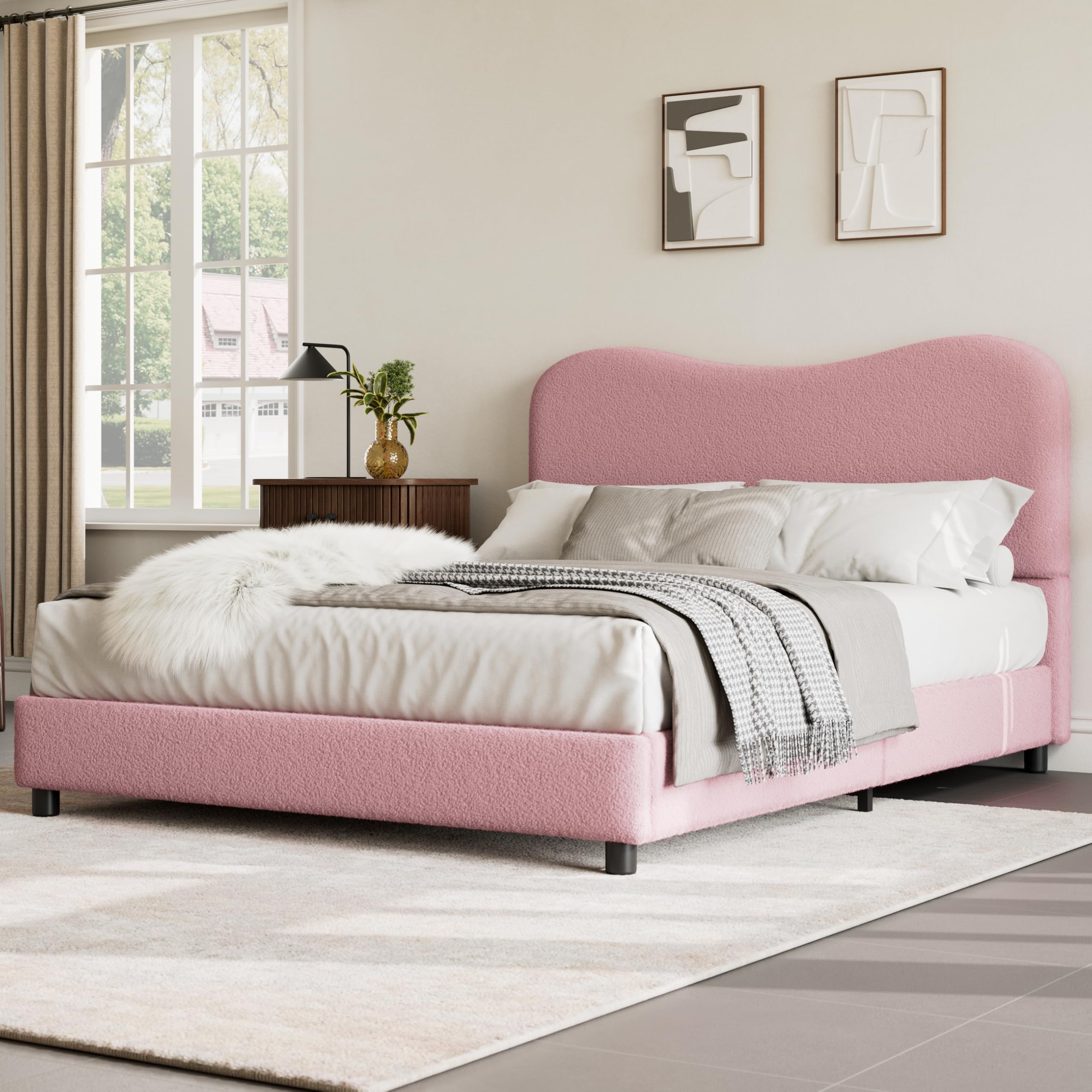 Front. Babevy - Full Kids Bed Frame with Upholstered Boucle Headboard, Soft Low Profile Platform for Girls & Boys - Pink.