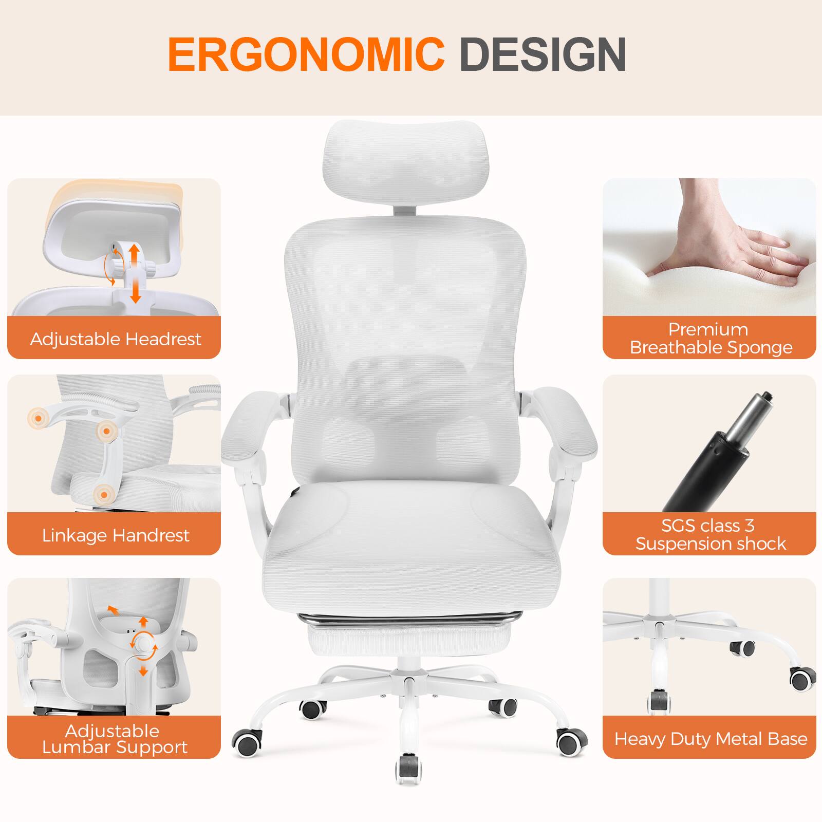 ERGONOMIC DESIGN

Adjustable Headrest
Linkage Handrest
Adjustable Lumbar Support
Heavy Duty Metal Base
Premium Breathable Sponge
SGS class 3 Suspension shock
